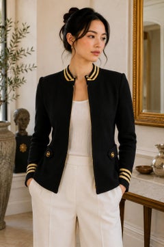 Chaqueta de punto vintage de estilo militar de St. John, diseñada por Marie Gray, azul marino y dorado, 1990