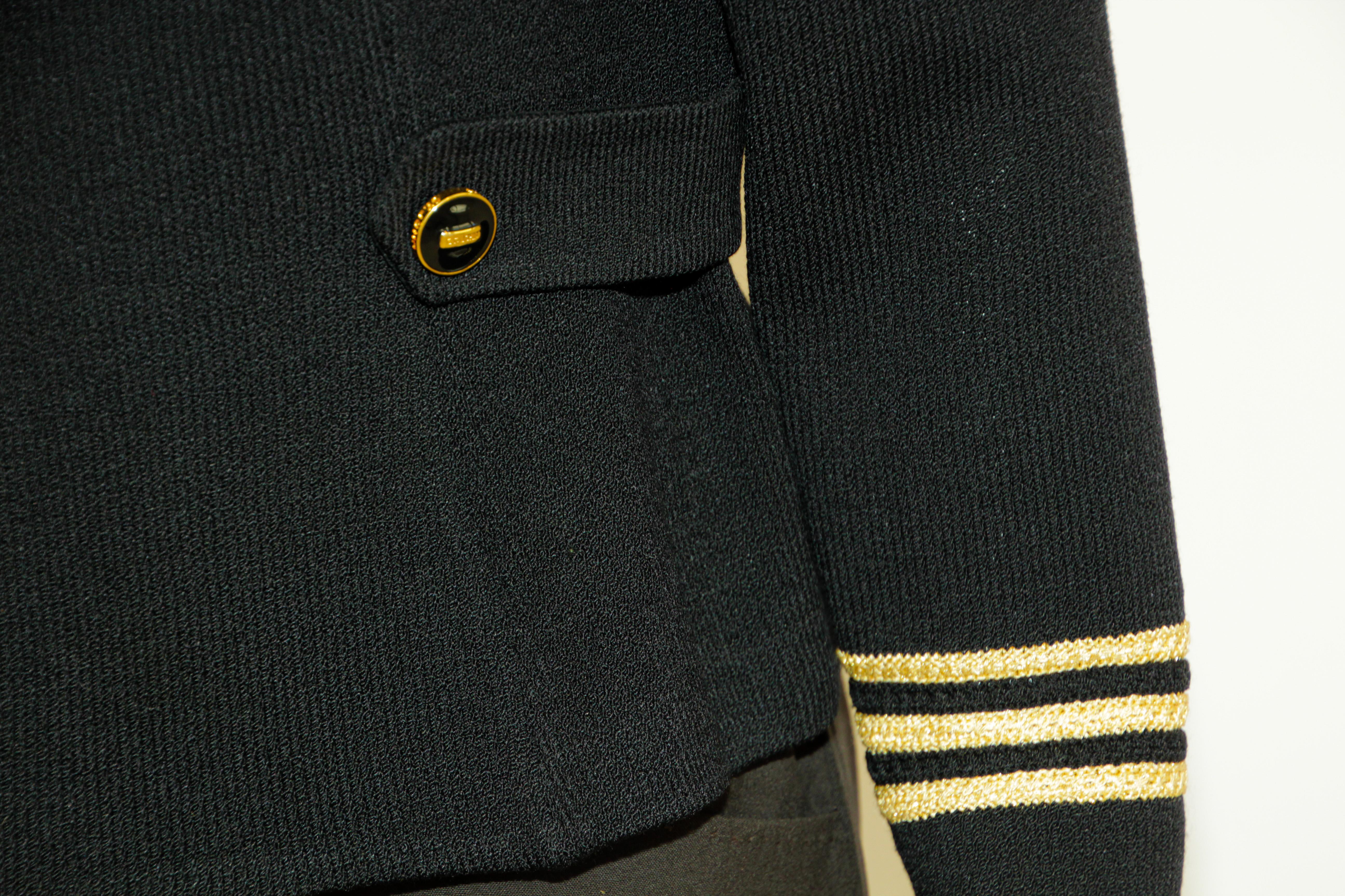St. John Military Blazer Knit Jacket 1990's Black and Gold In Good Condition For Sale In North Hollywood, CA