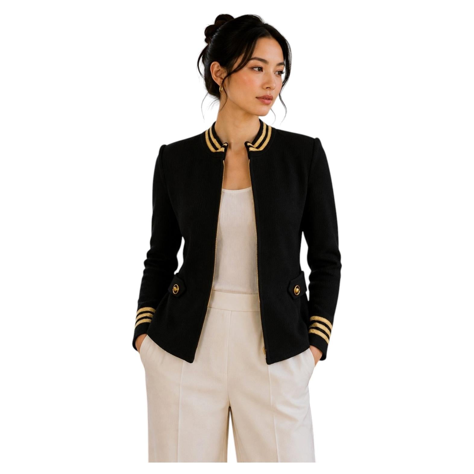 Vintage St. John Military Style Knit Jacket by Marie Gray, Navy Blue & Gold 1990 For Sale