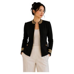 Chaqueta de punto vintage de estilo militar de St. John, diseñada por Marie Gray, azul marino y dorado, 1990
