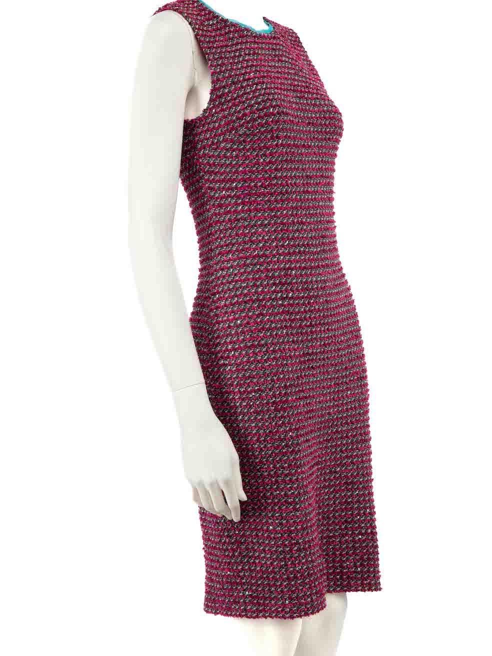 CONDITION is Very good. Hardly any visible wear to dress is evident on this used St. John designer resale item.
 
 Details
 Pink
 Tweed
 Knee length dress
 Round neckline
 Sleeveless
 Contrast teal detail
 Back zip closure
 
 
 Made in Mexico
 
