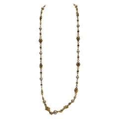 St John Quilt Link & Pearl 42" Long Gold Necklace
