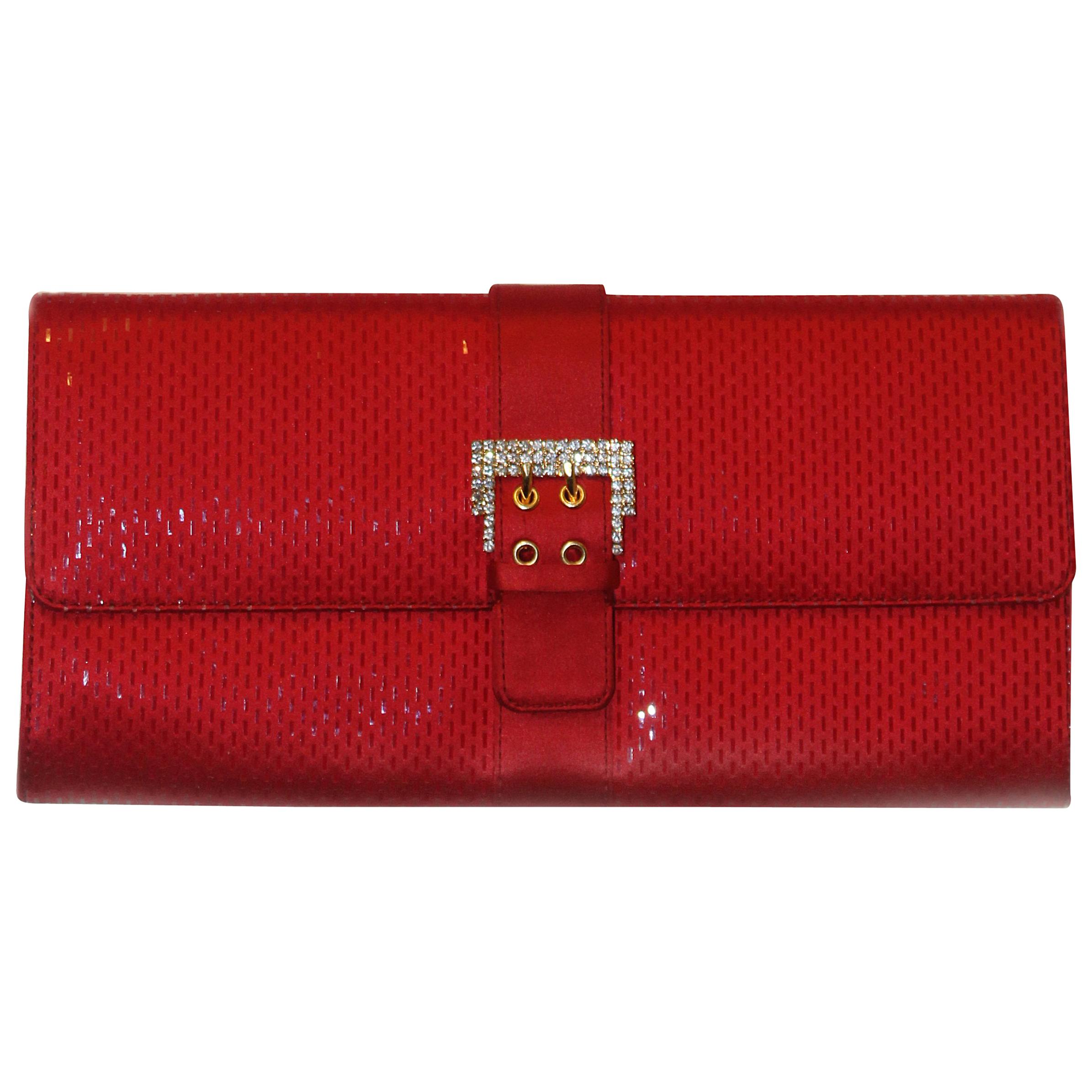 St John Red Sequined Satin Clutch W/ Crystal Buckle At Closure