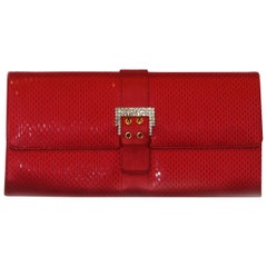 St John Red Sequined Satin Clutch W/ Crystal Buckle At Closure