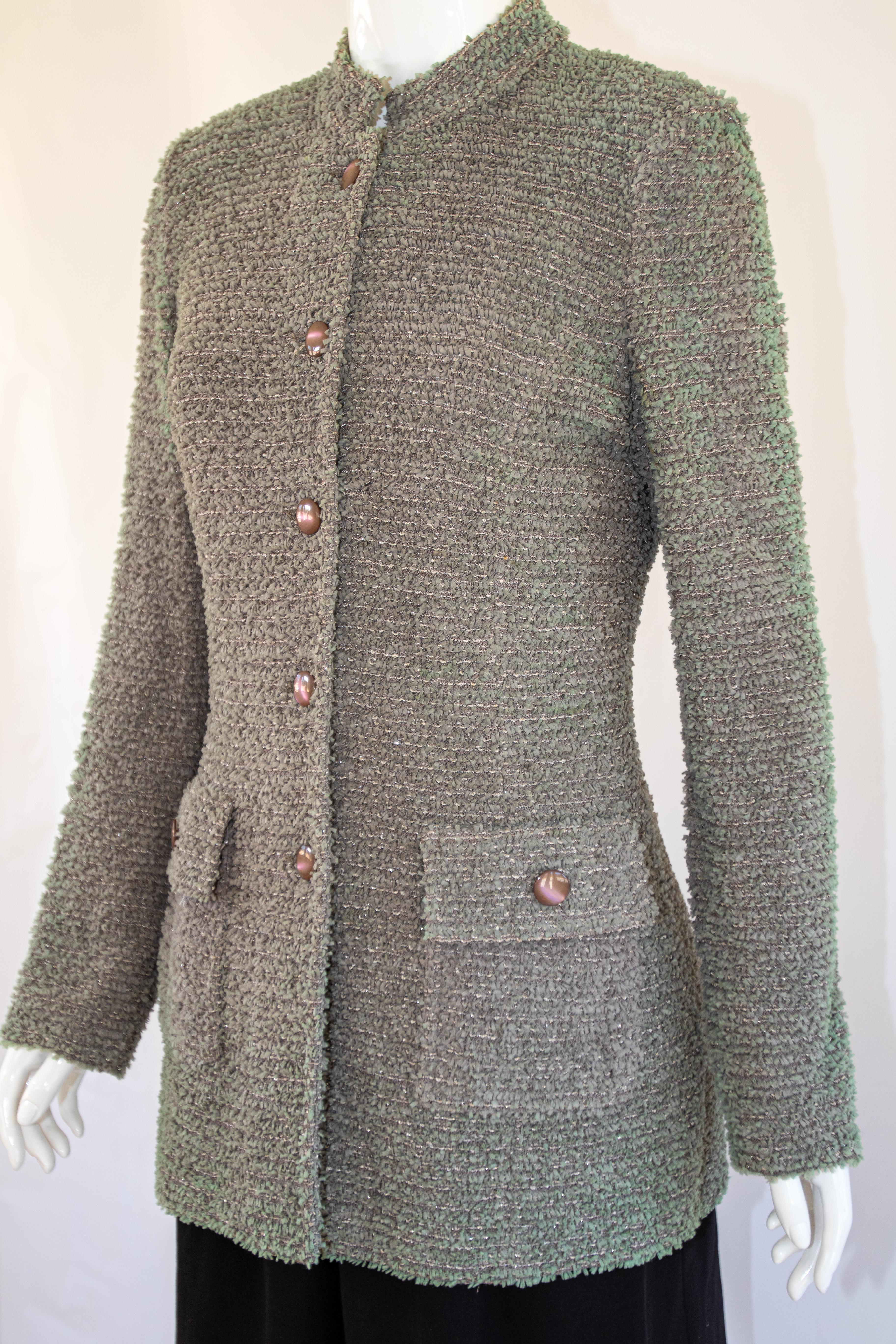 St John Ribbon Eyelash Grey Tweed Long Jacket. For Sale 5