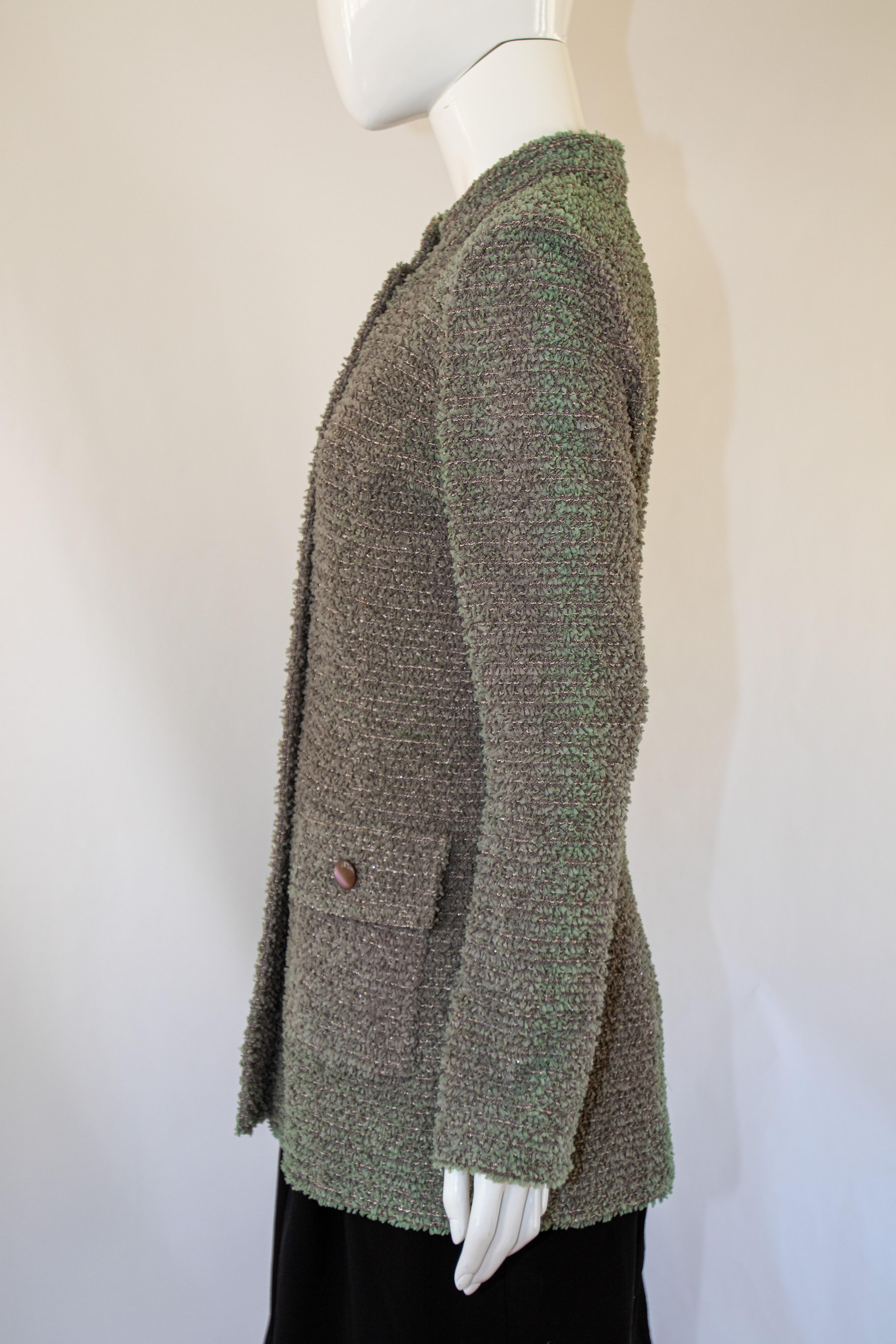 St John Ribbon Eyelash Grey Tweed Long Jacket. For Sale 9