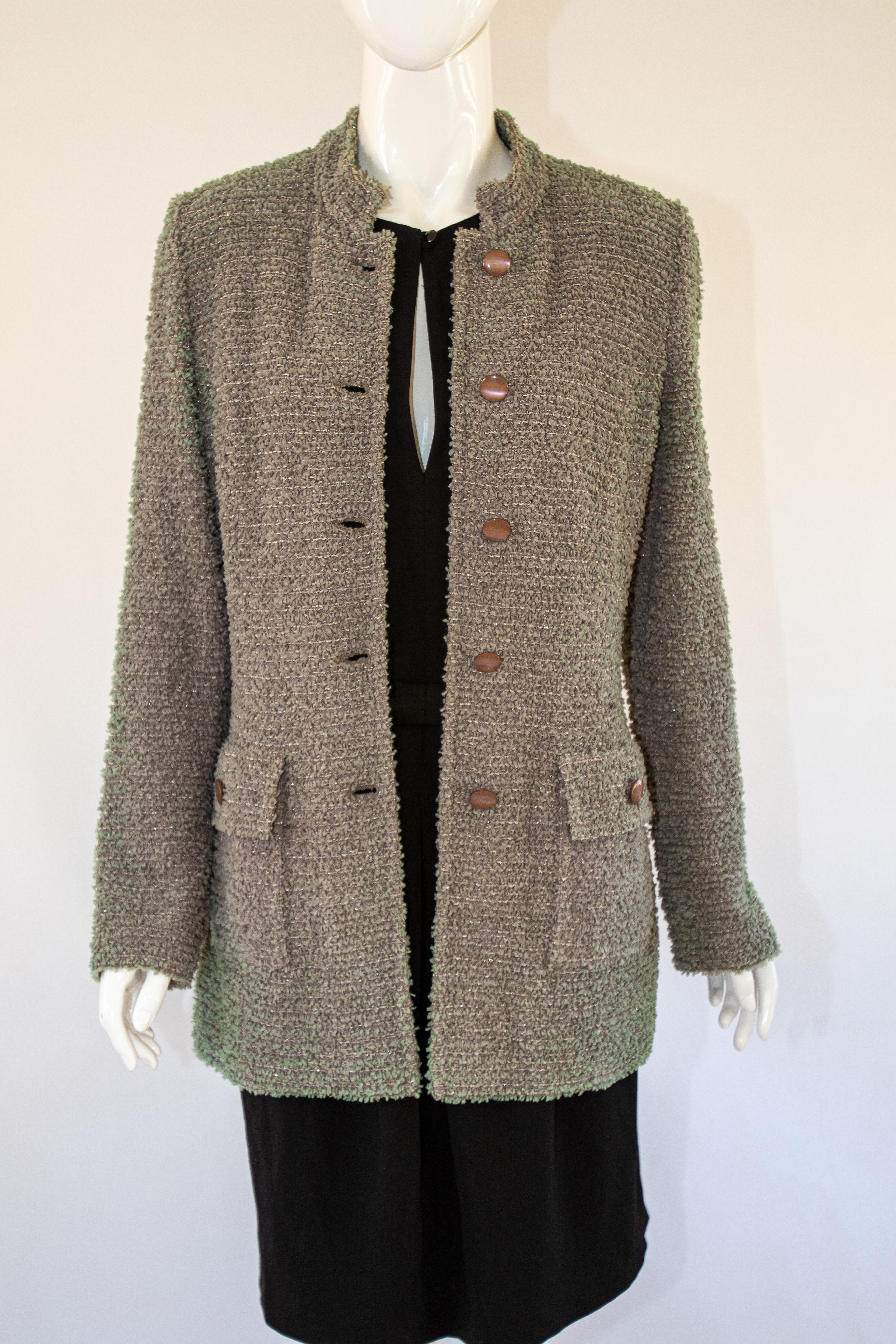 St John Ribbon Eyelash Grey Tweed Long Jacket. For Sale 13