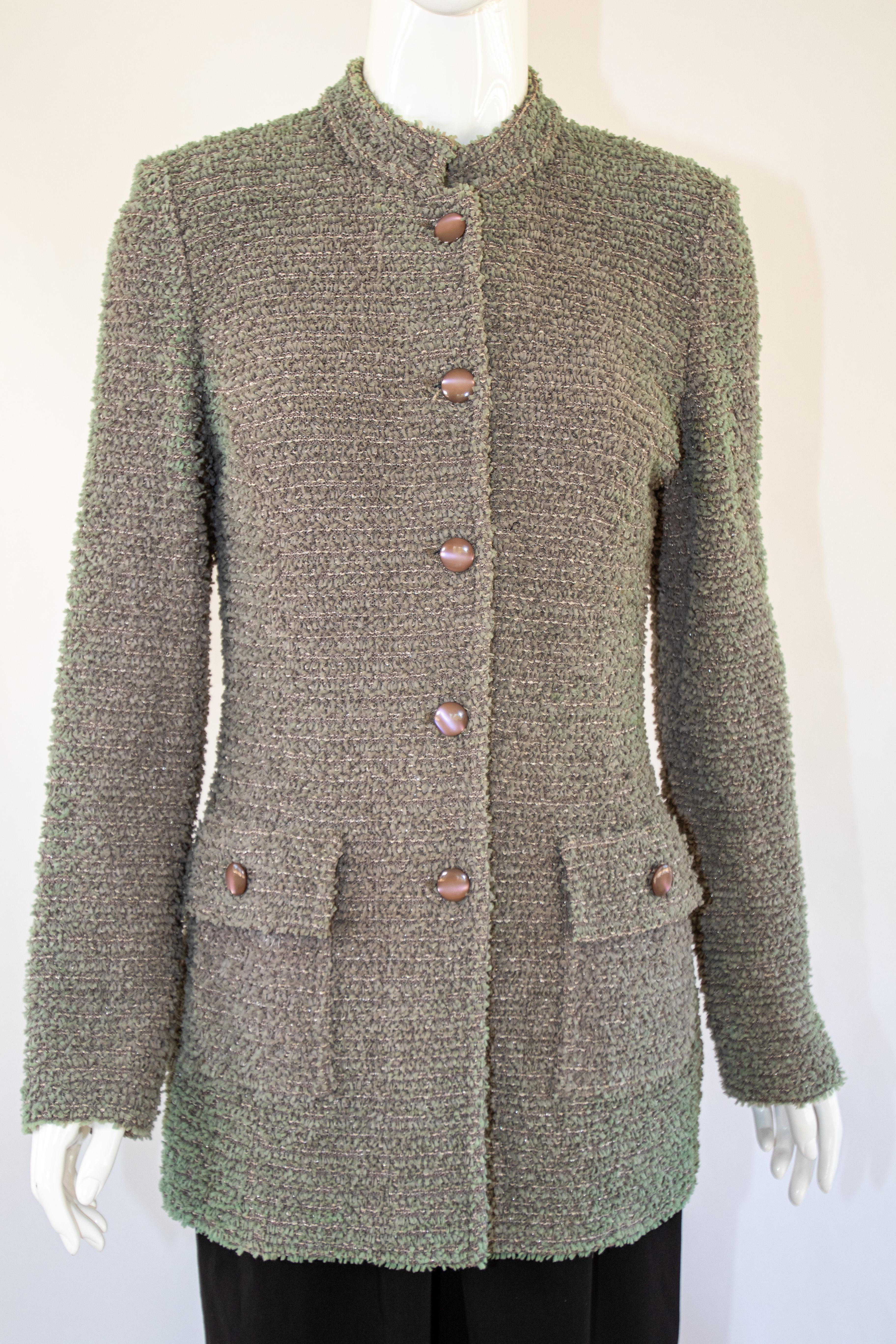 Gray St John Ribbon Eyelash Grey Tweed Long Jacket. For Sale