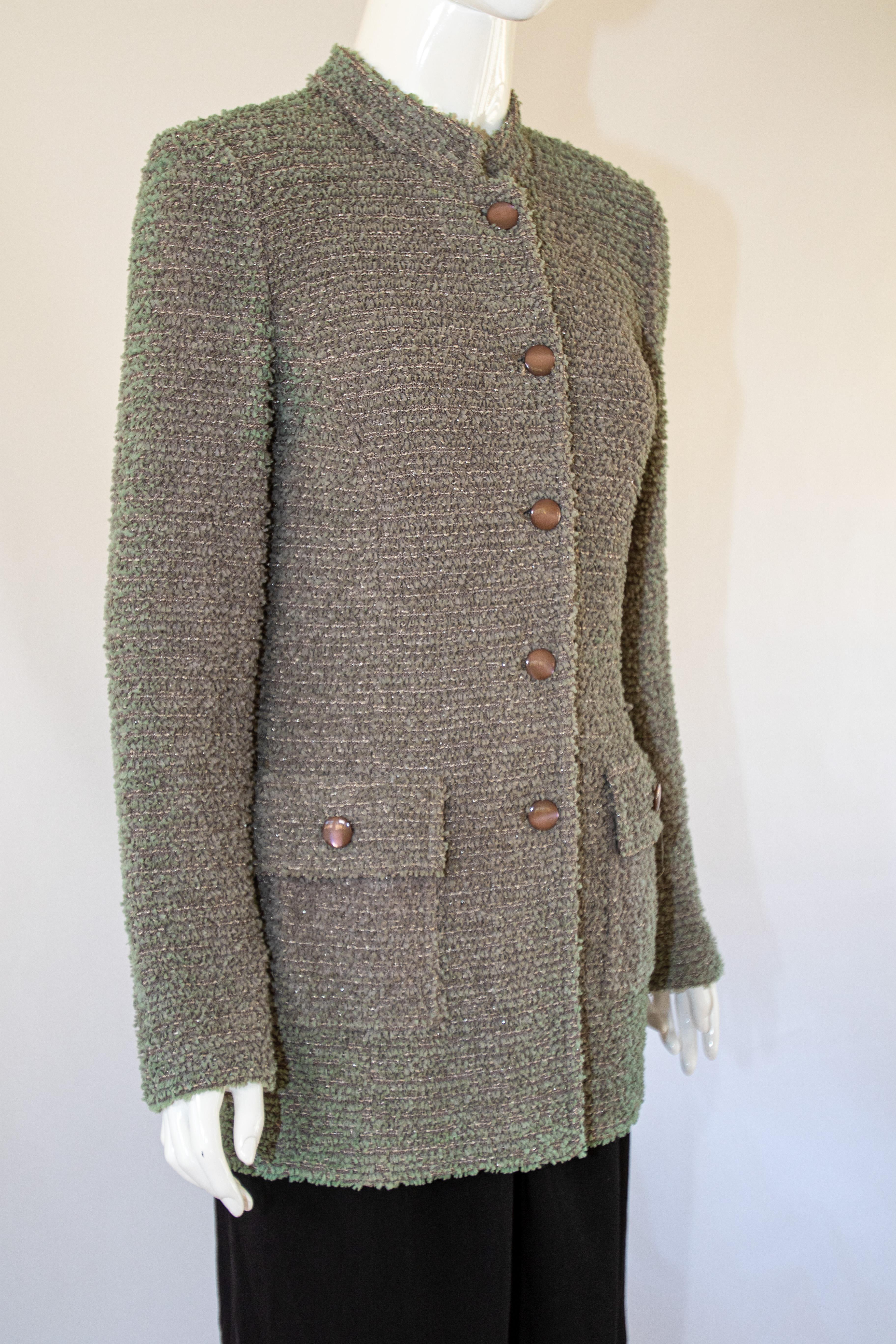 St John Ribbon Eyelash Grey Tweed Long Jacket. In Good Condition For Sale In North Hollywood, CA