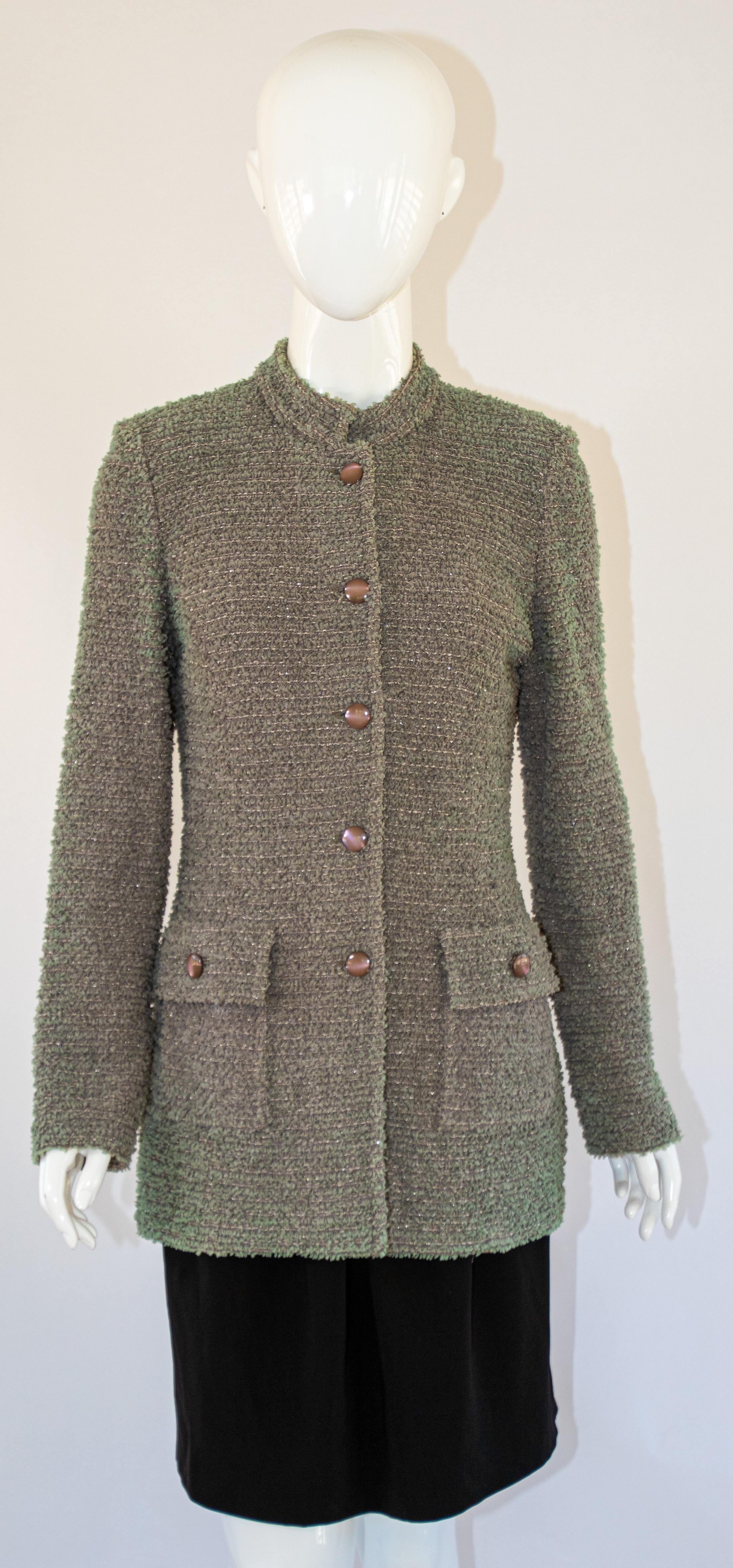 St John Ribbon Eyelash Grey Tweed Long Jacket. For Sale 1