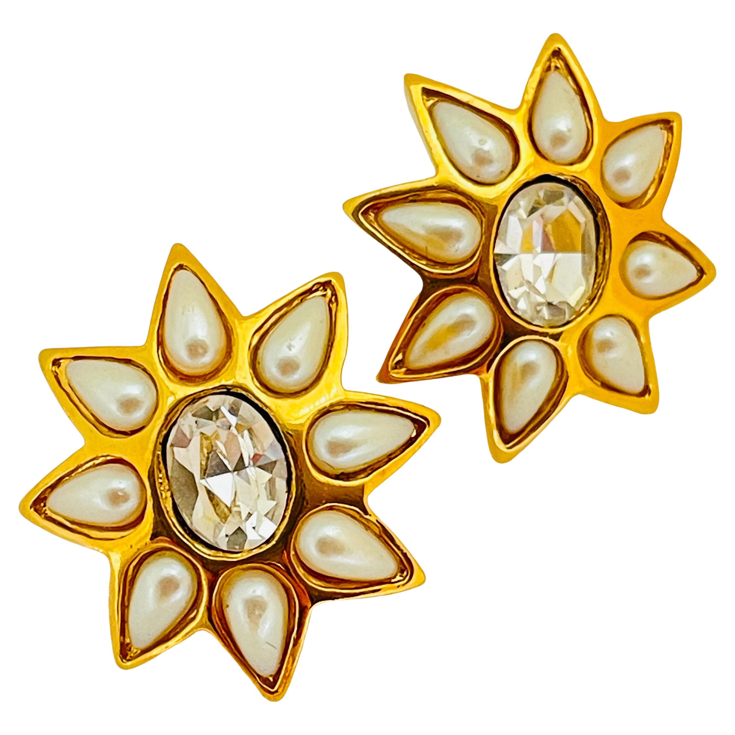 ST JOHN signed gold plated crystal pearl star designer runway  earrings For Sale