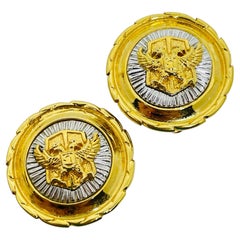 ST. JOHN signed vintage gold silver tone eagle designer clip on earrings
