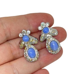 ST. JOHN signed vintage silver logo glass cabs rhinestone designer drop earrings