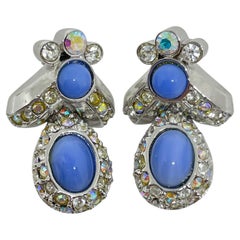 ST. JOHN signed vintage silver logo glass cabs rhinestone designer drop earrings