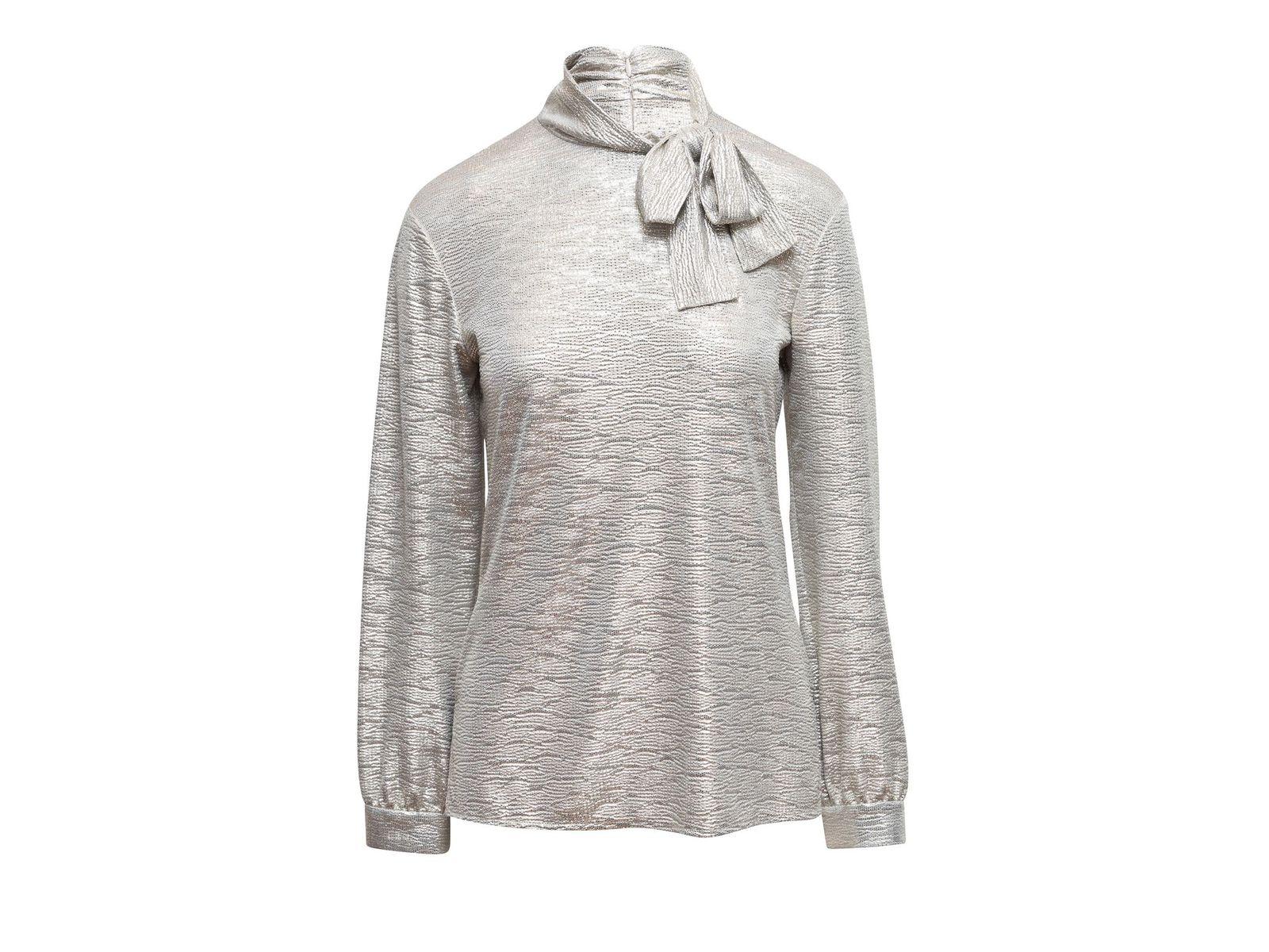 Women's St. John Silver Metallic Pussy Bow Top