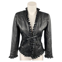 ST. JOHN Chaqueta de piel negra con volantes talla 2