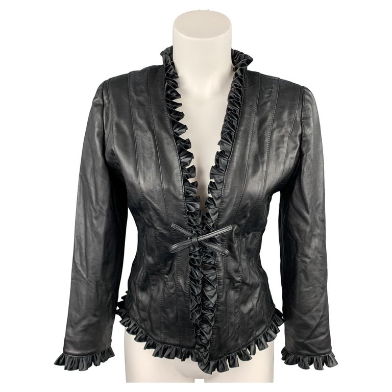 ST. JOHN Size 2 Black Leather Ruffled Jacket For Sale at 1stDibs