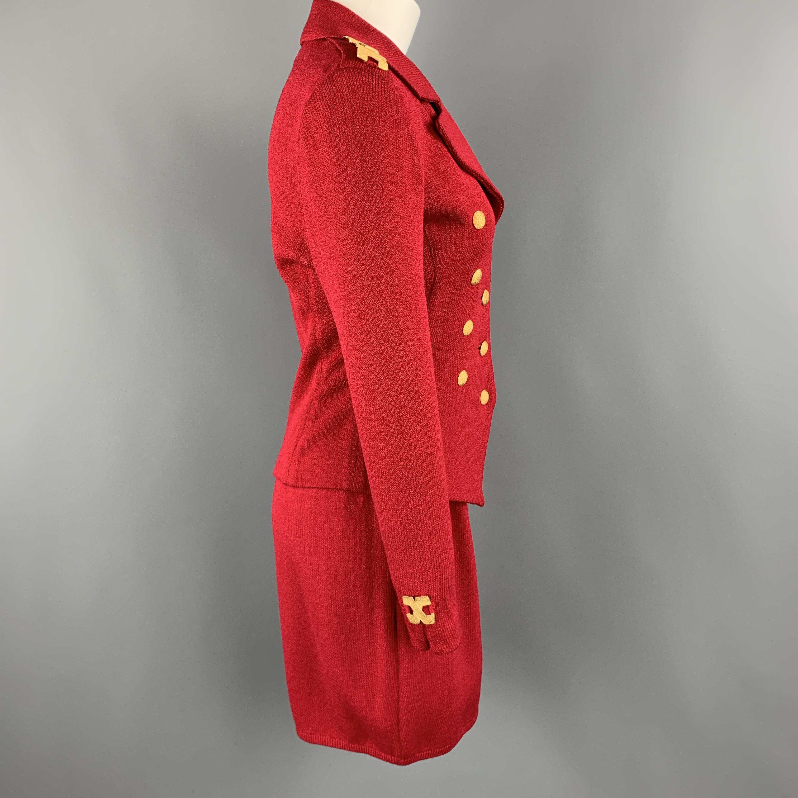 Women's ST. JOHN Size 2 Red Double Breasted Gold Tone Hardware Skirt Suit