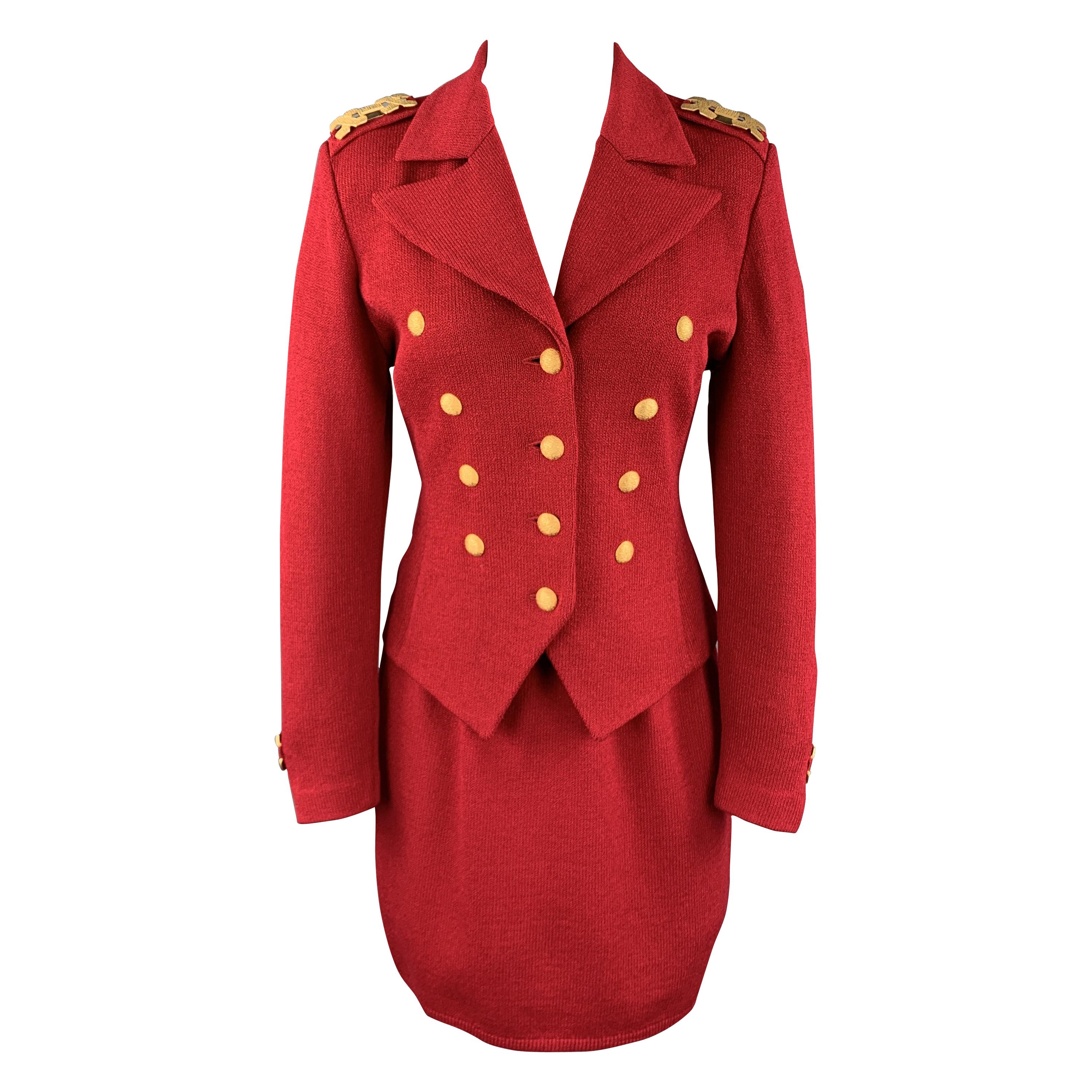 ST. JOHN Size 2 Red Double Breasted Gold Tone Hardware Skirt Suit