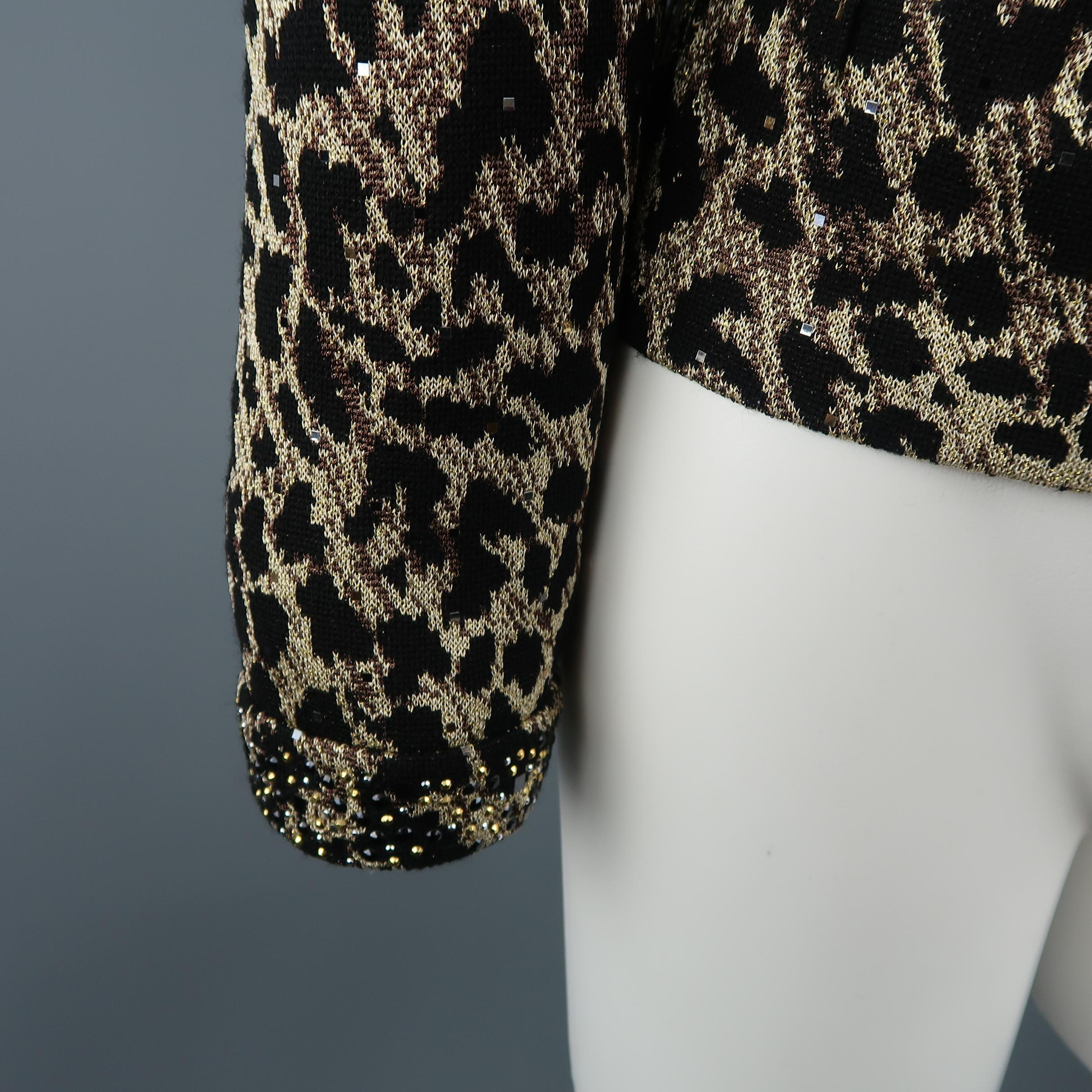 ST. JOHN Size 8 Black & Gold Leopard Sparkle Knit Embellished Jacket In Excellent Condition In San Francisco, CA