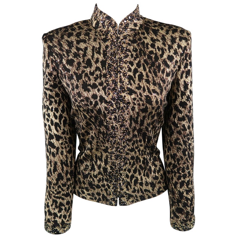 ST. JOHN Size 8 Black and Gold Leopard Sparkle Knit Embellished Jacket ...