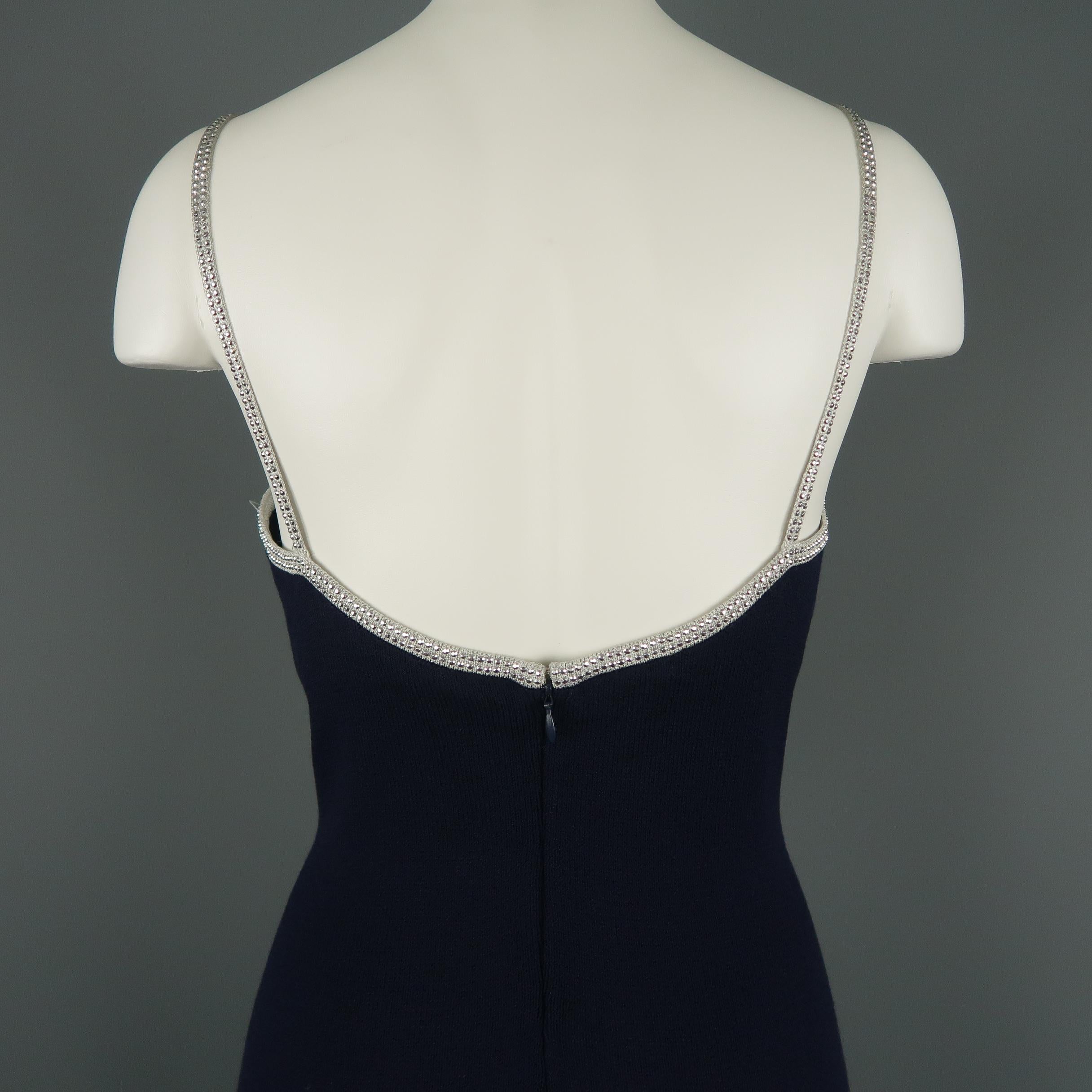 Women's ST. JOHN Size 8 Navy Knit Silver Rhinestone Trim Strap Slip Dress