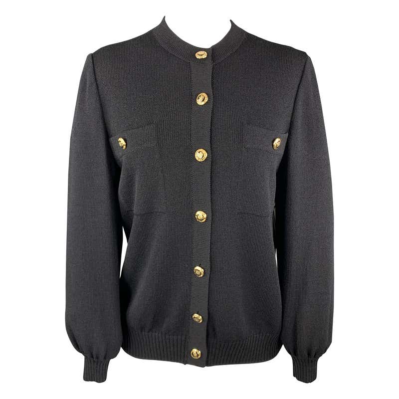 ST. JOHN Size M Black Knit Gold Button Cardigan Jacket For Sale at 1stdibs