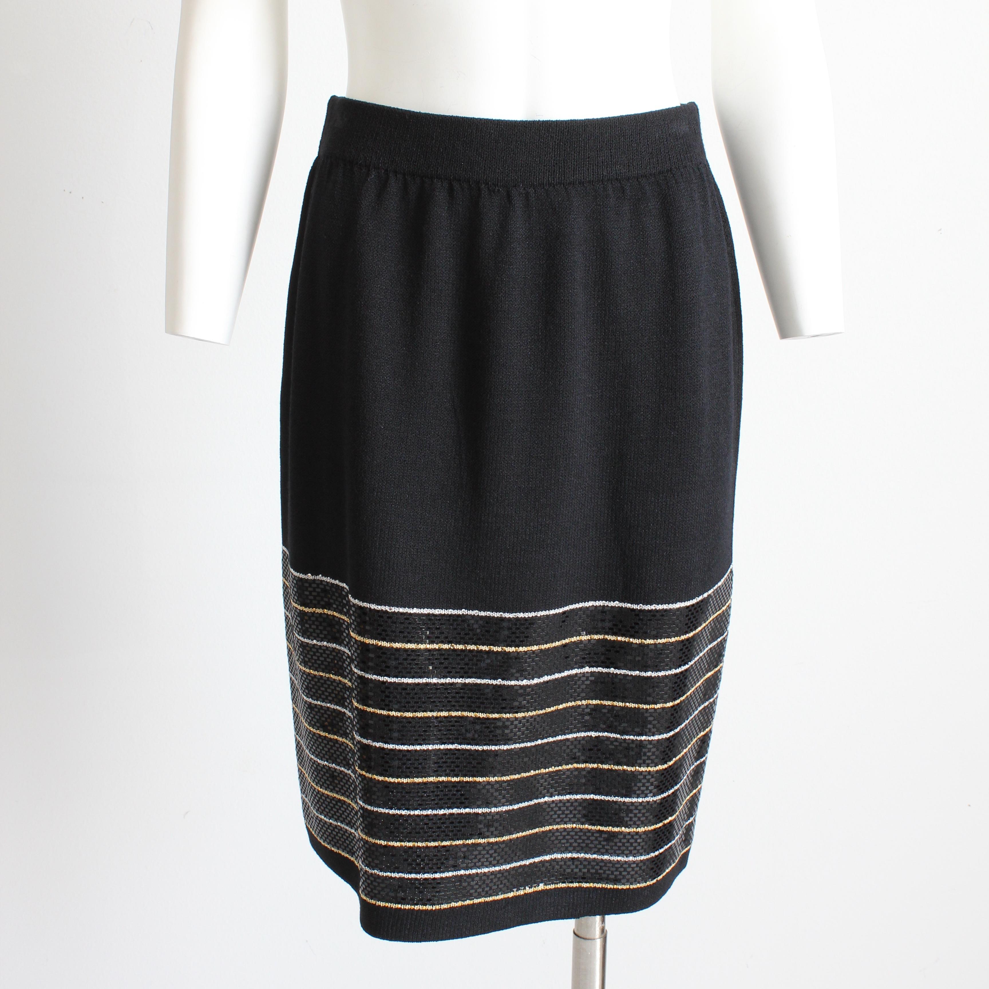 St John Suit Evening 2pc Jacket & Skirt Embellished Knit Black Gold White Sz 6 For Sale 4