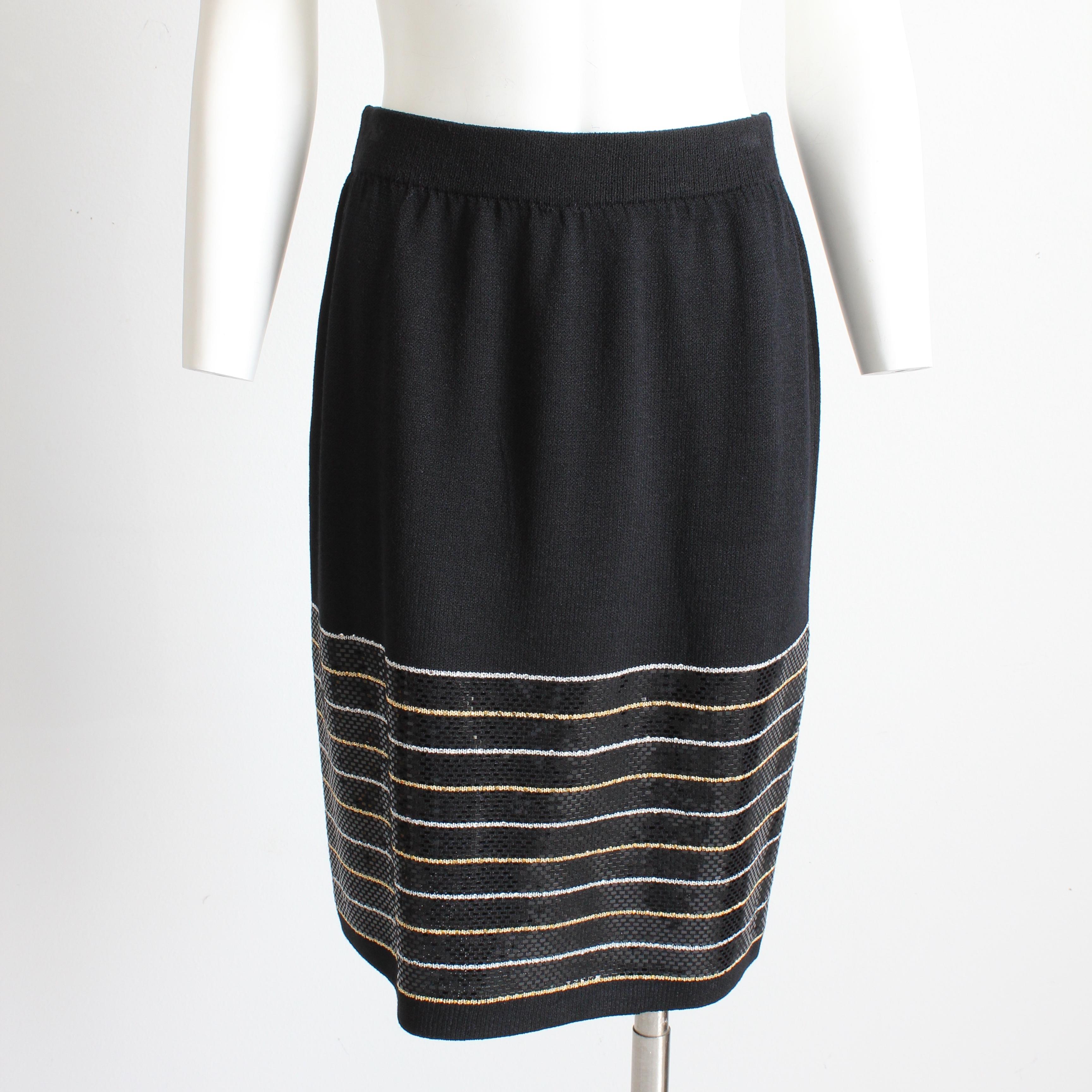 St John Suit Evening 2pc Jacket & Skirt Embellished Knit Black Gold White Sz 6  For Sale 4