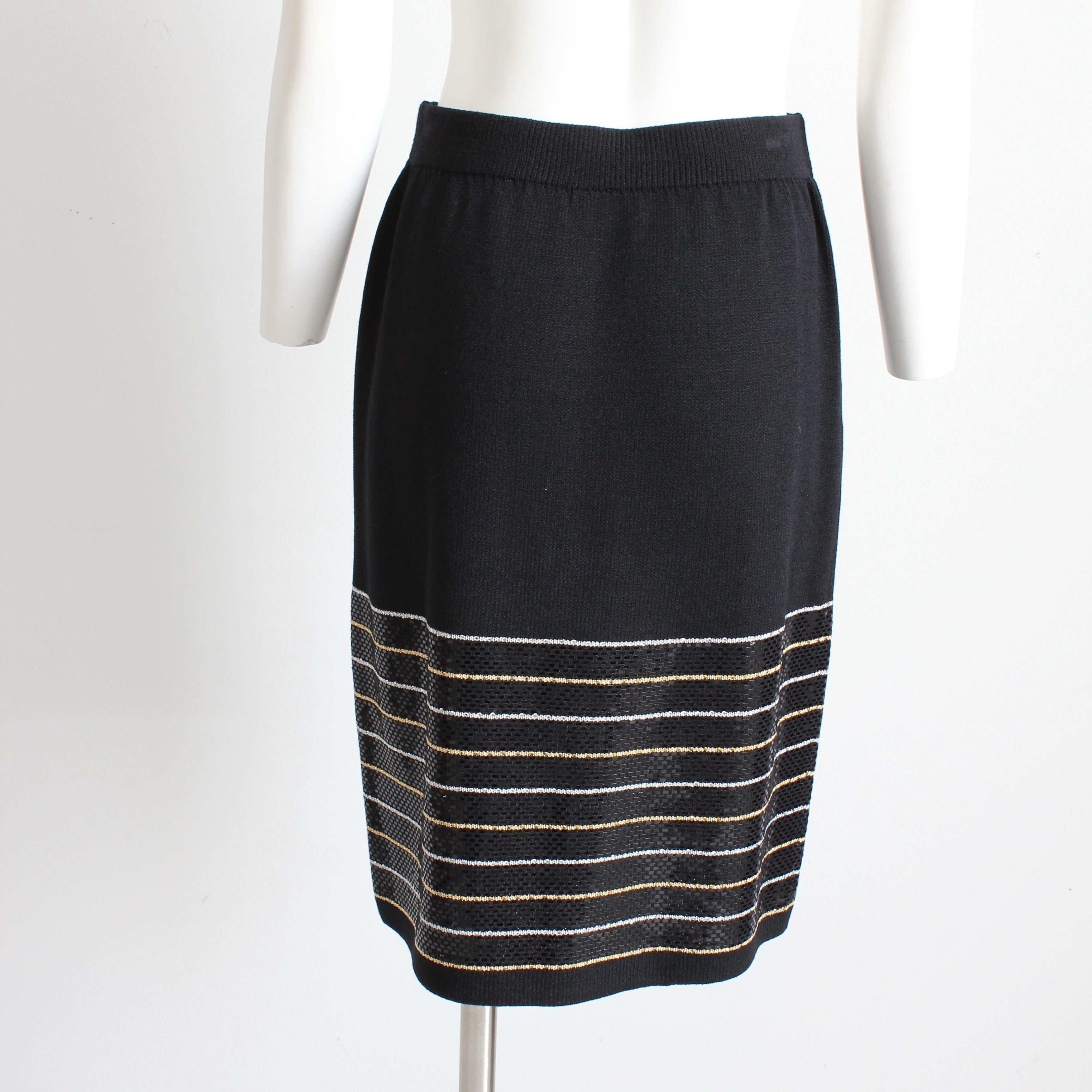 St John Suit Evening 2pc Jacket & Skirt Embellished Knit Black Gold White Sz 6  For Sale 5