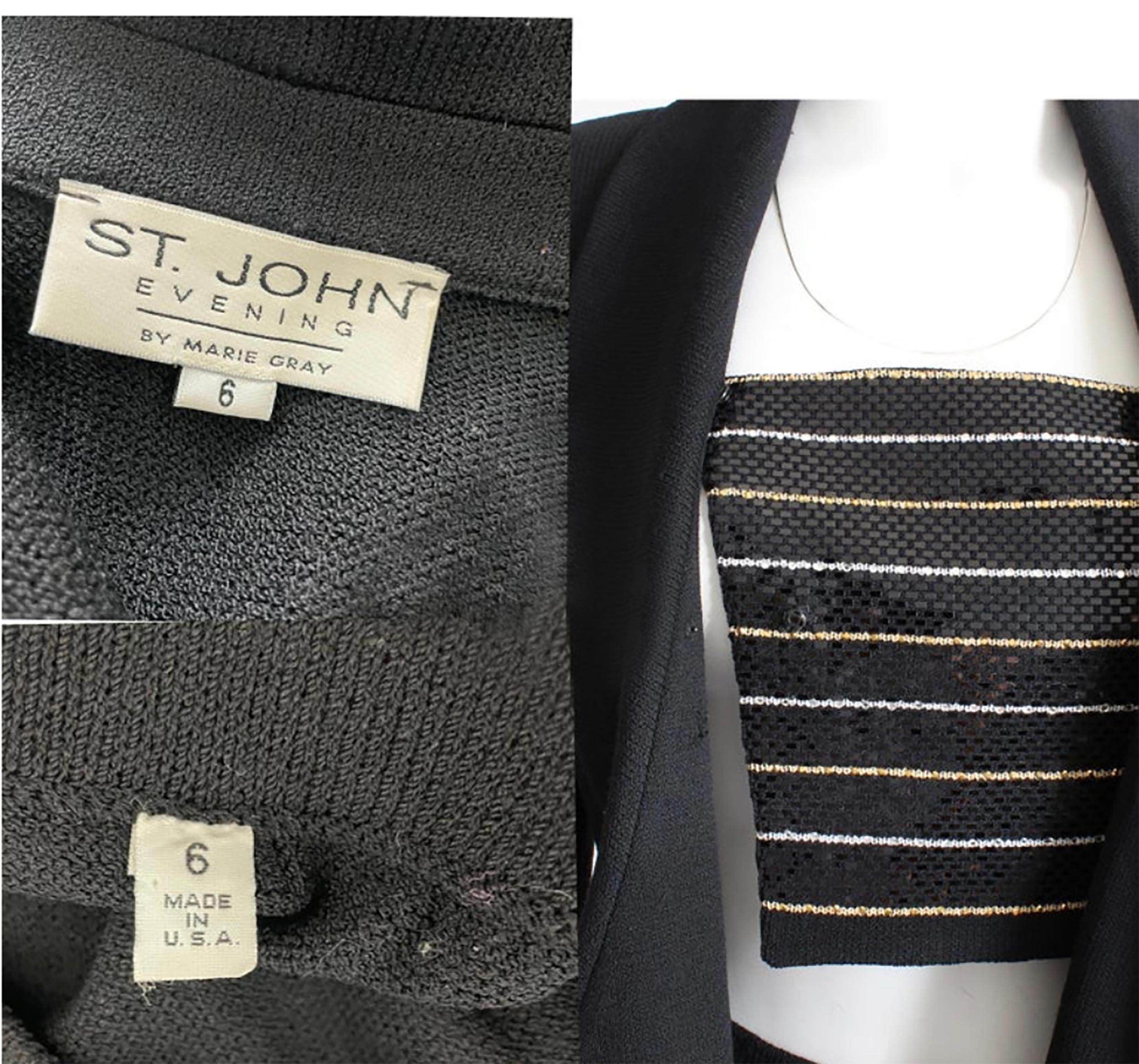 St John Suit Evening 2pc Jacket & Skirt Embellished Knit Black Gold White Sz 6  For Sale 6