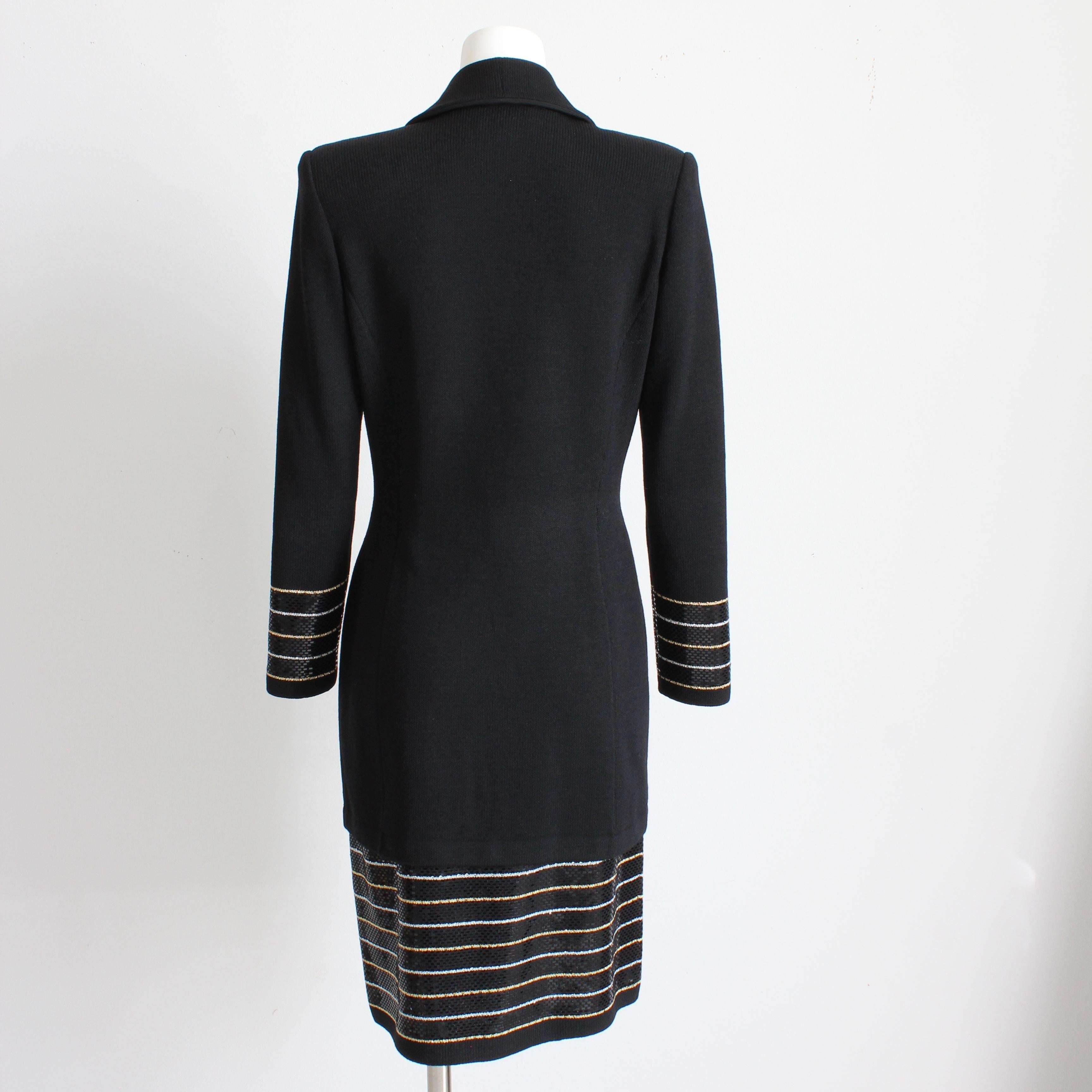 St John Suit Evening 2pc Jacket & Skirt Embellished Knit Black Gold White Sz 6  For Sale 1