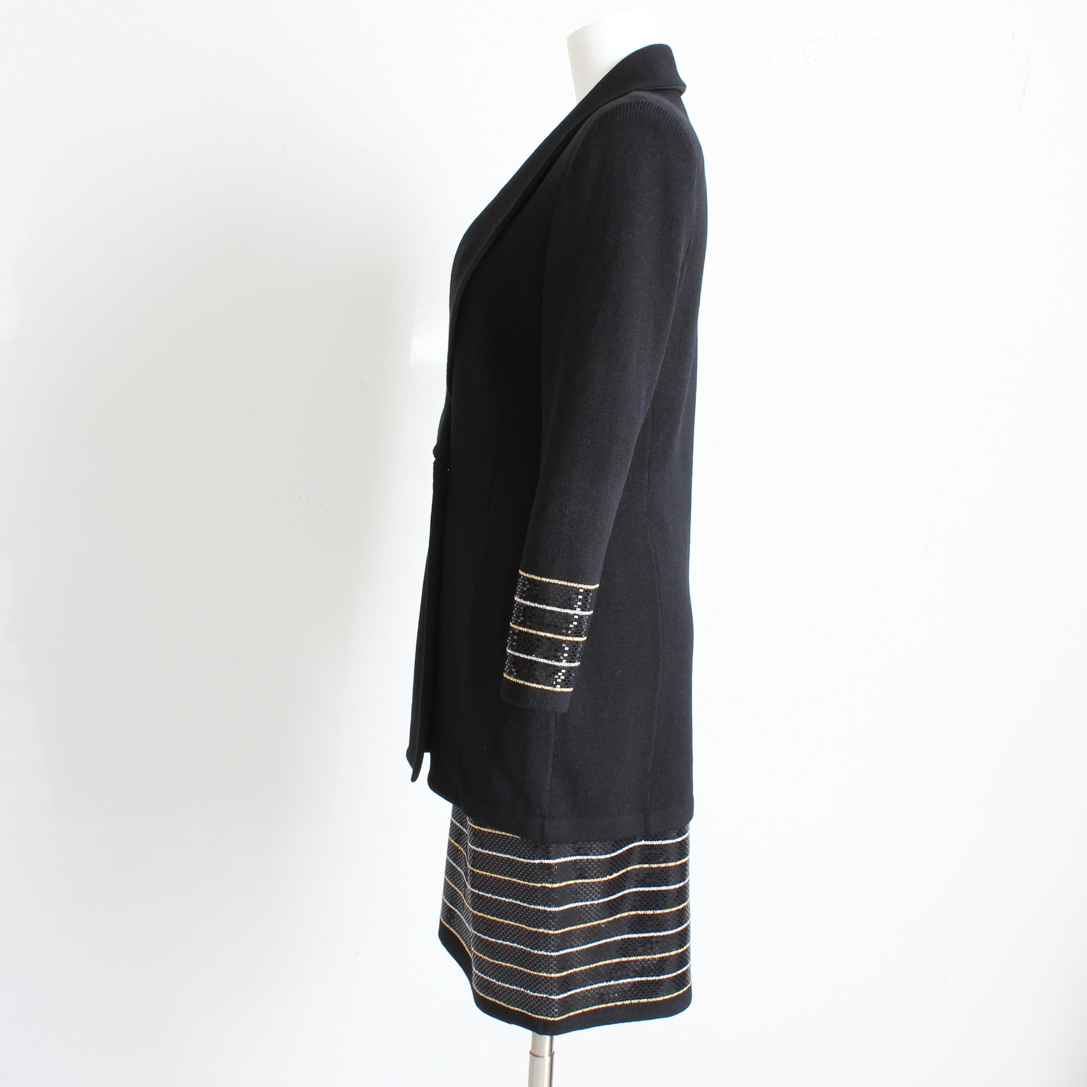 St John Suit Evening 2pc Jacket & Skirt Embellished Knit Black Gold White Sz 6 For Sale 2