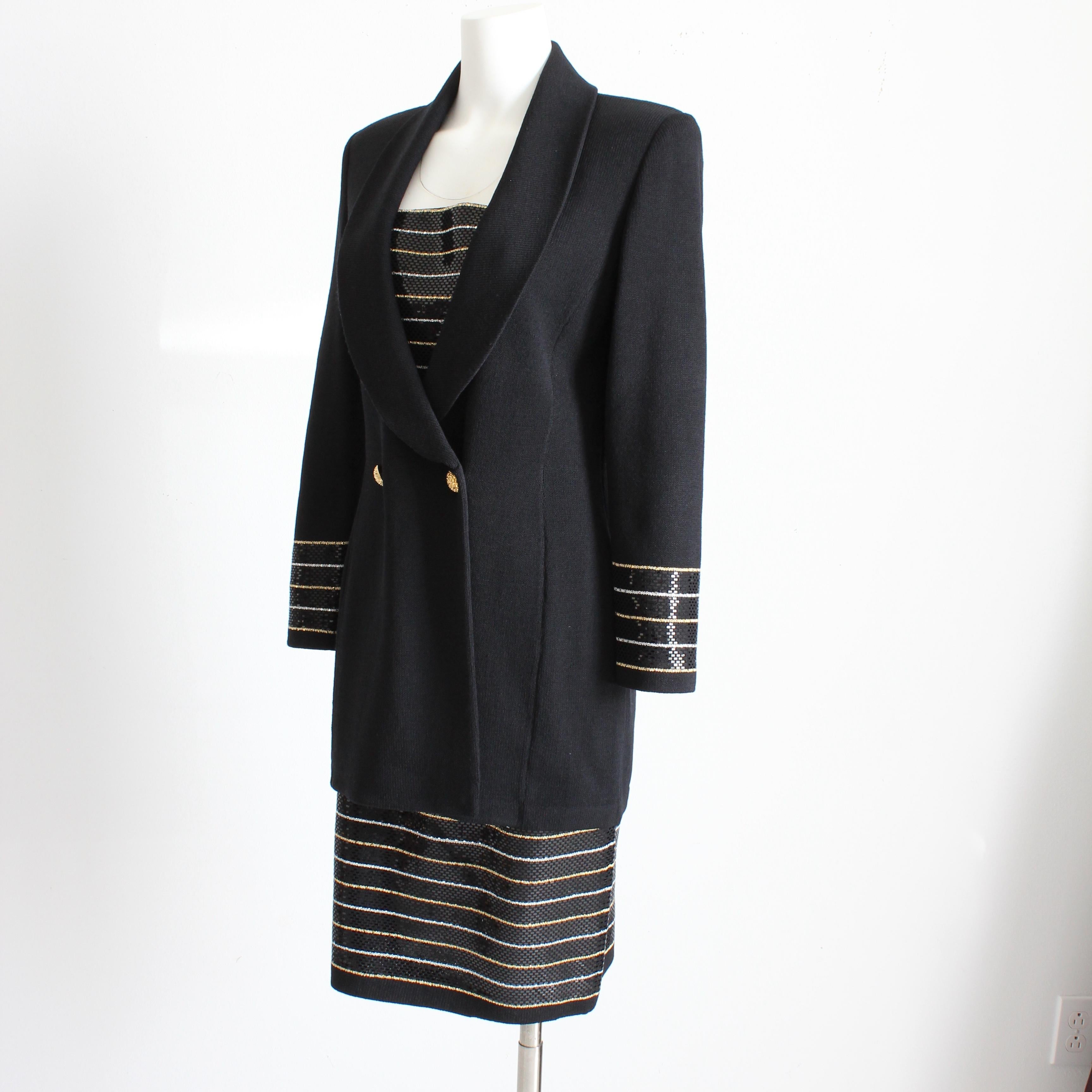 St John Suit Evening 2pc Jacket & Skirt Embellished Knit Black Gold White Sz 6  For Sale 3