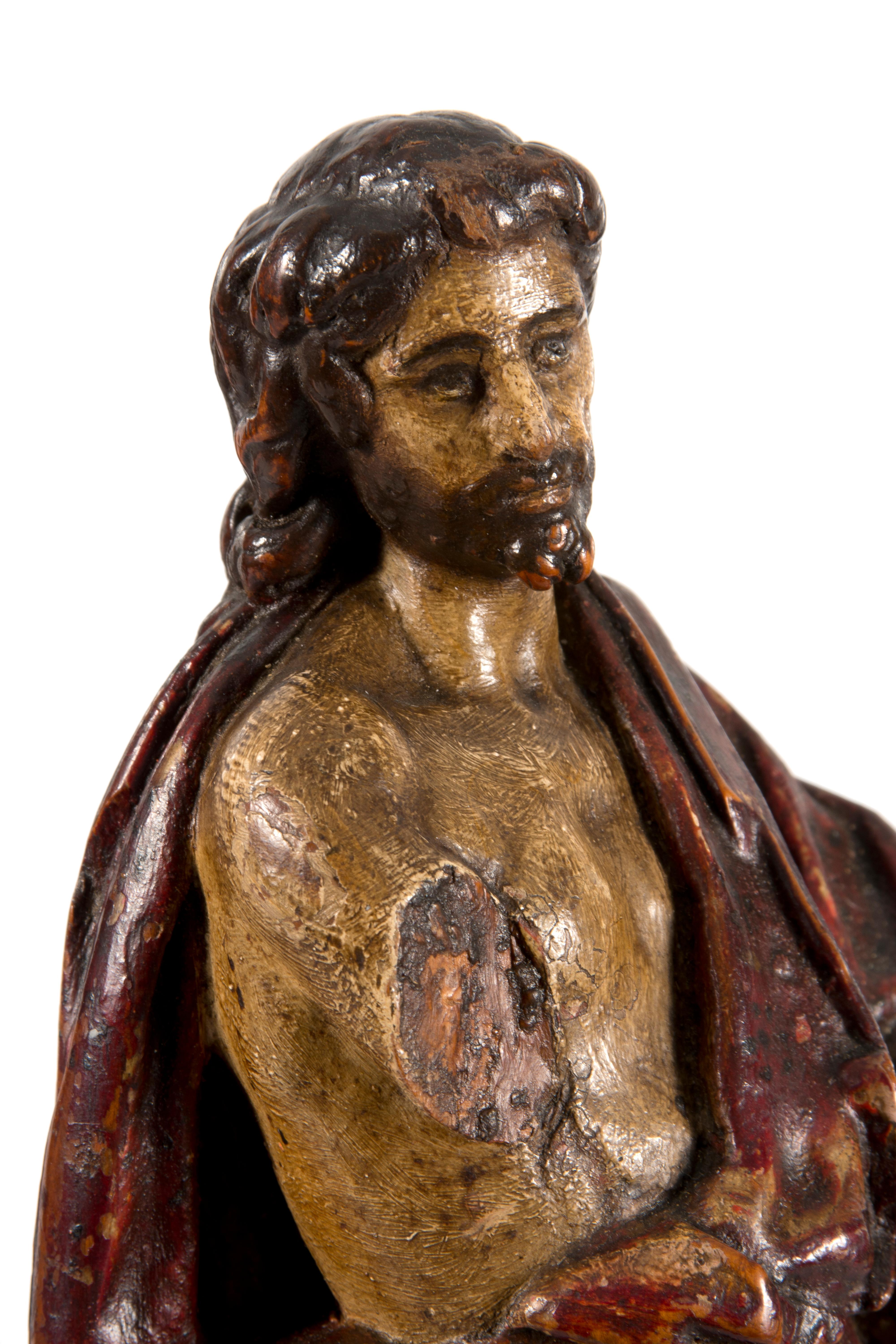 St. John the Baptist, Polychromed Boxwood, Baroque, 17th Century In Fair Condition In Madrid, ES