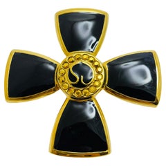 ST JOHN Vintage signed gold black enamel Maltese cross designer runway brooch