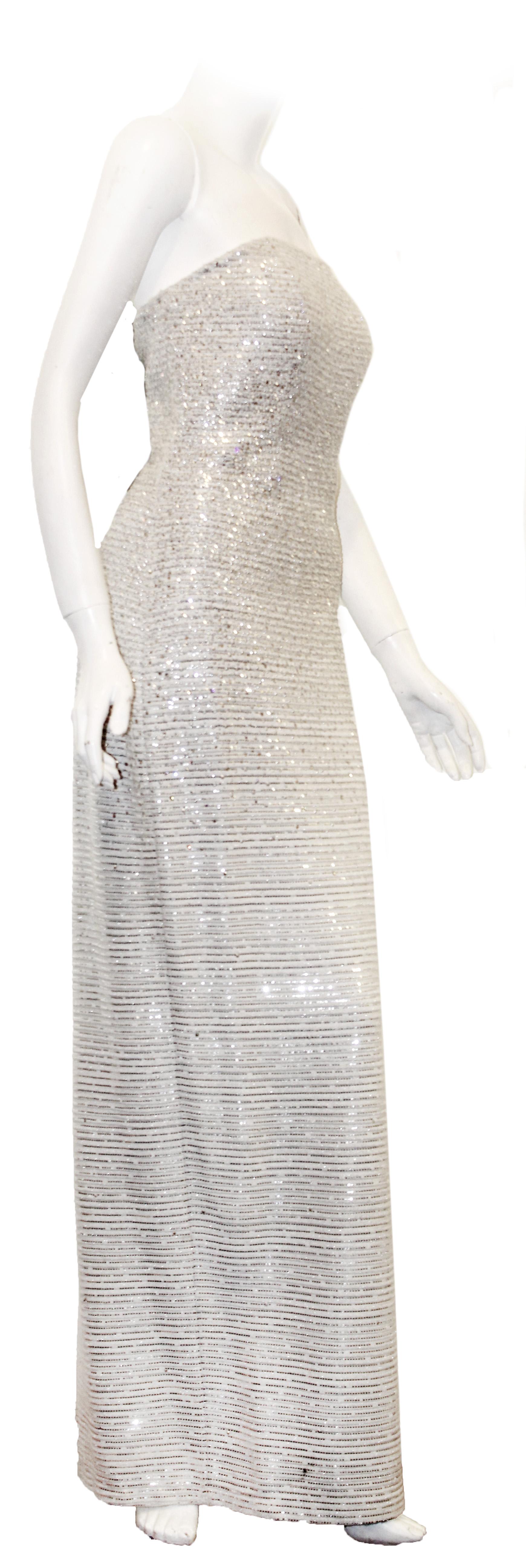 St. John White Lattice Knit Gown W/ Mini Sequins Throughout In Excellent Condition In Palm Beach, FL