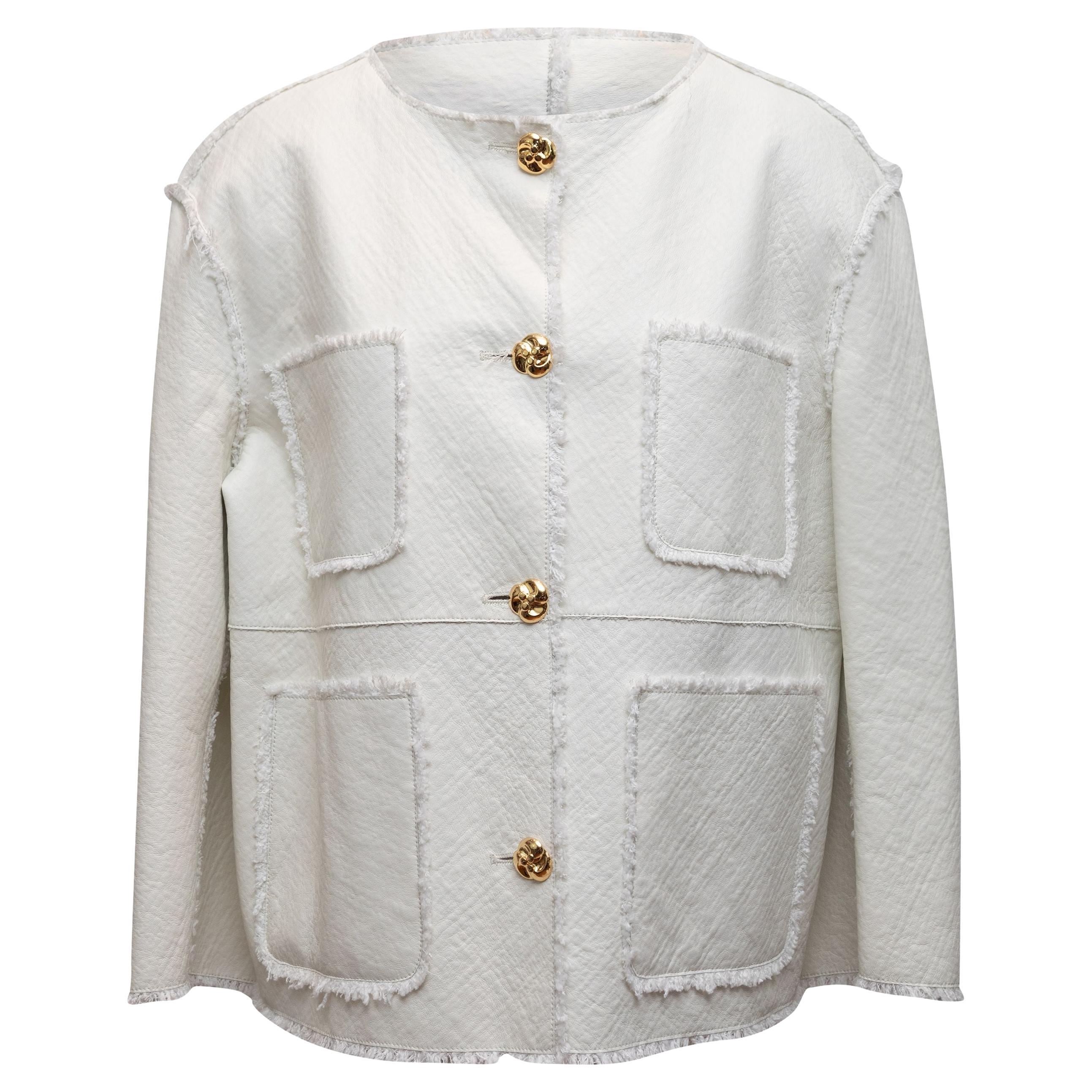 St. John White Leather Fringe-Trimmed Jacket