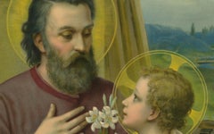 St Joseph and Child Jesus with Lily, Antique German Chromolithograph c.1900