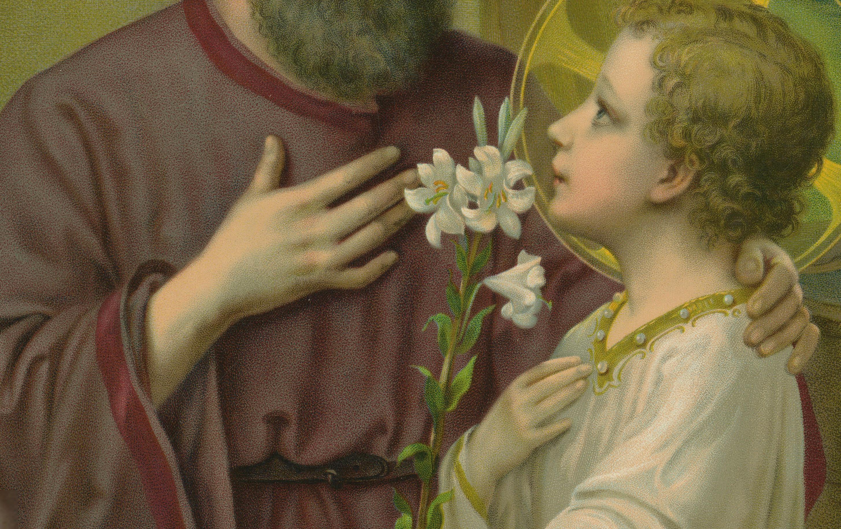 St. Joseph und Jesuskind mit Lilie, antike deutsche Chromolithographie um 1900 (Deutsch) im Angebot