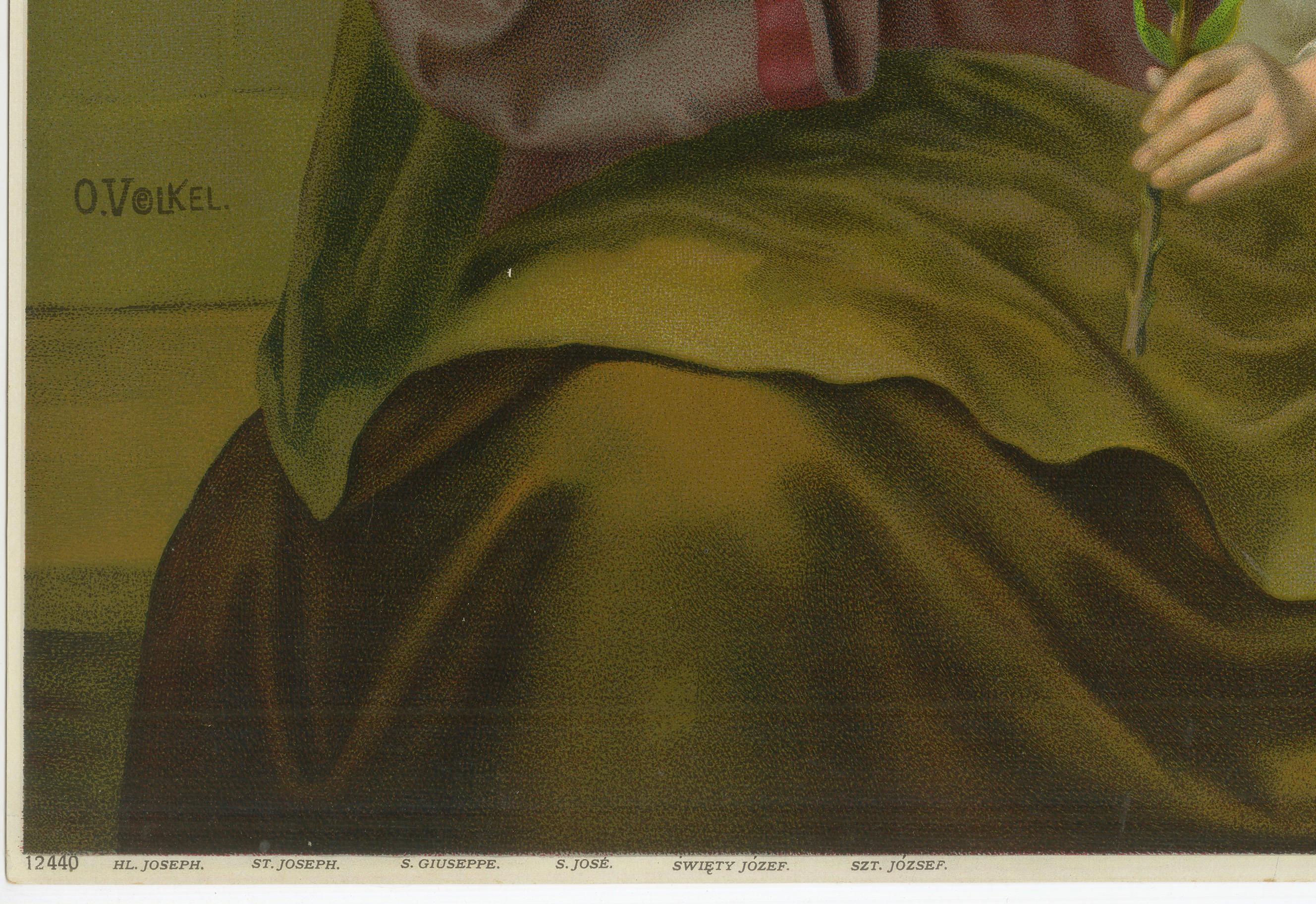 St. Joseph und Jesuskind mit Lilie, antike deutsche Chromolithographie um 1900 im Zustand „Gut“ im Angebot in Langweer, NL