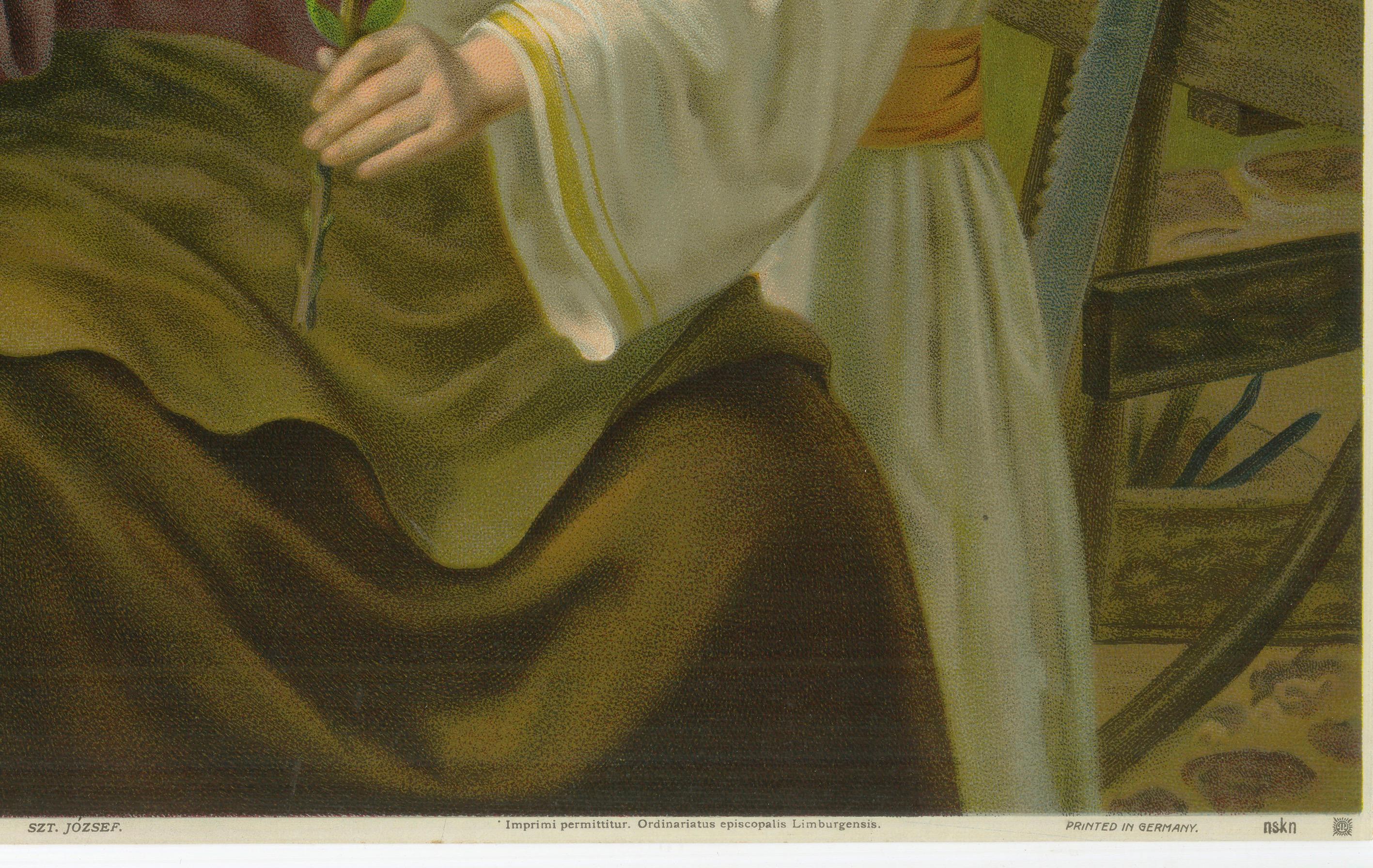 St. Joseph und Jesuskind mit Lilie, antike deutsche Chromolithographie um 1900 (19. Jahrhundert) im Angebot