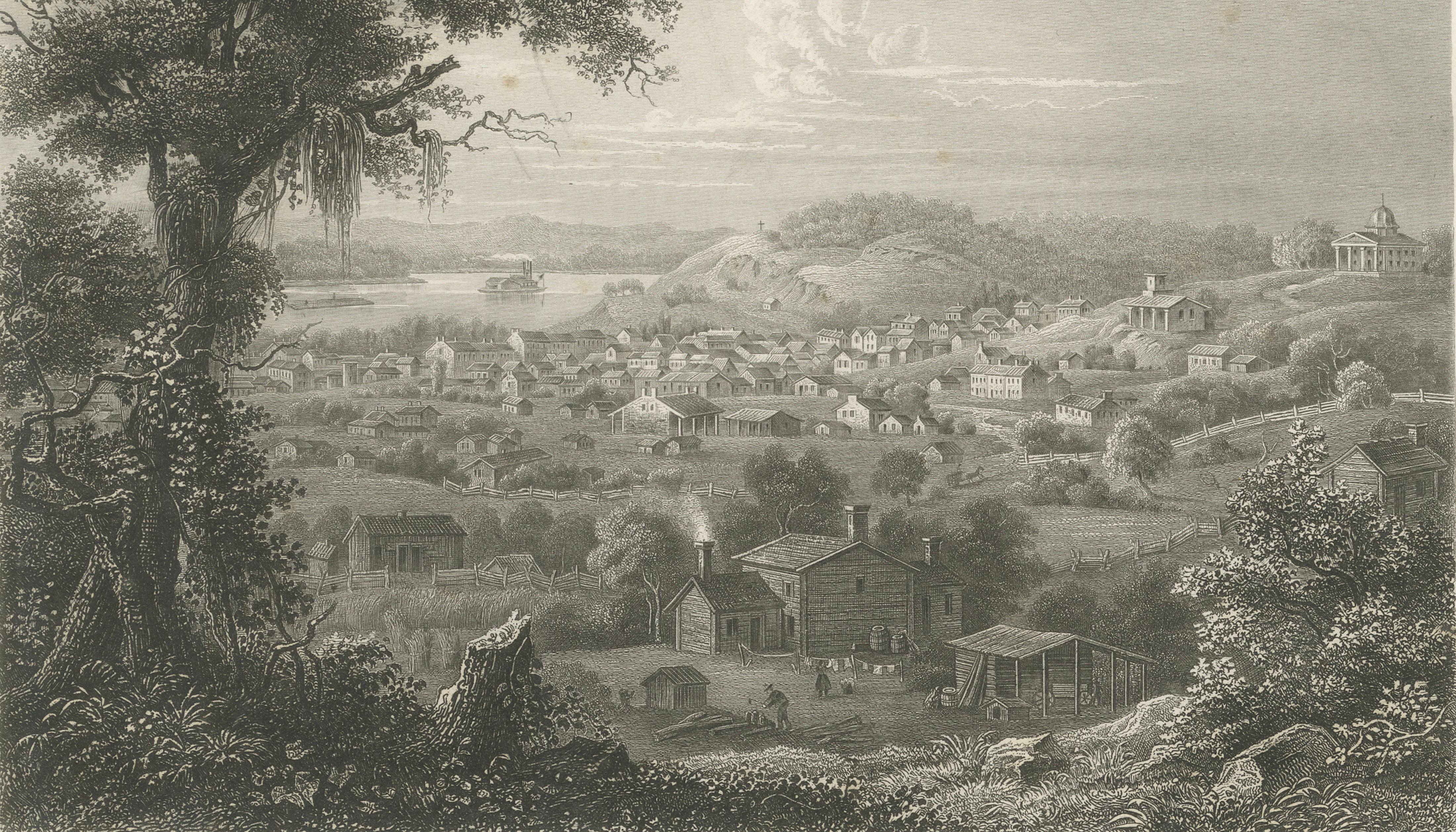 St Joseph Missouri Antique Print, River Town View, Steamboat c.1850
