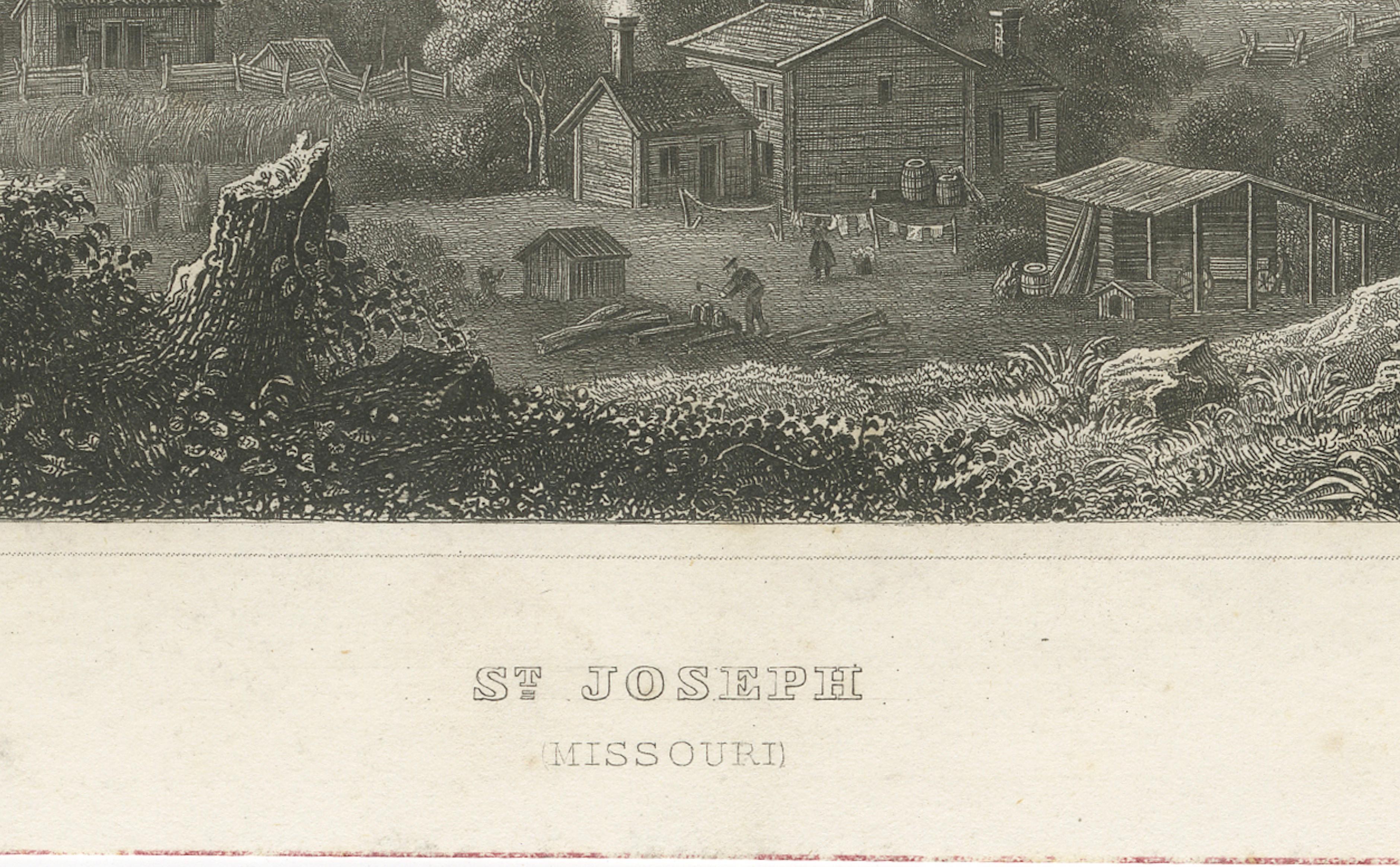 St Joseph Missouri Antique Print, River Town View, Steamboat c.1850