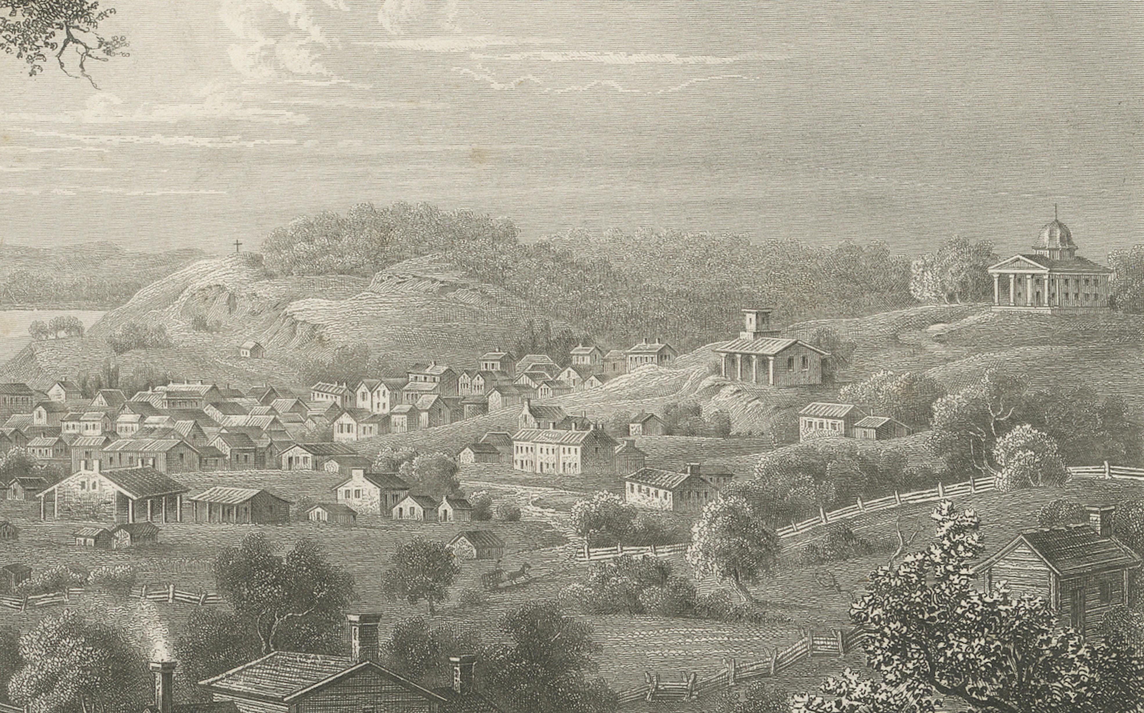 St Joseph Missouri Antique Print, River Town View, Steamboat c.1850