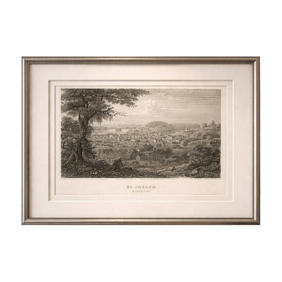 St Joseph Missouri Antique Print, River Town View, Steamboat c.1850