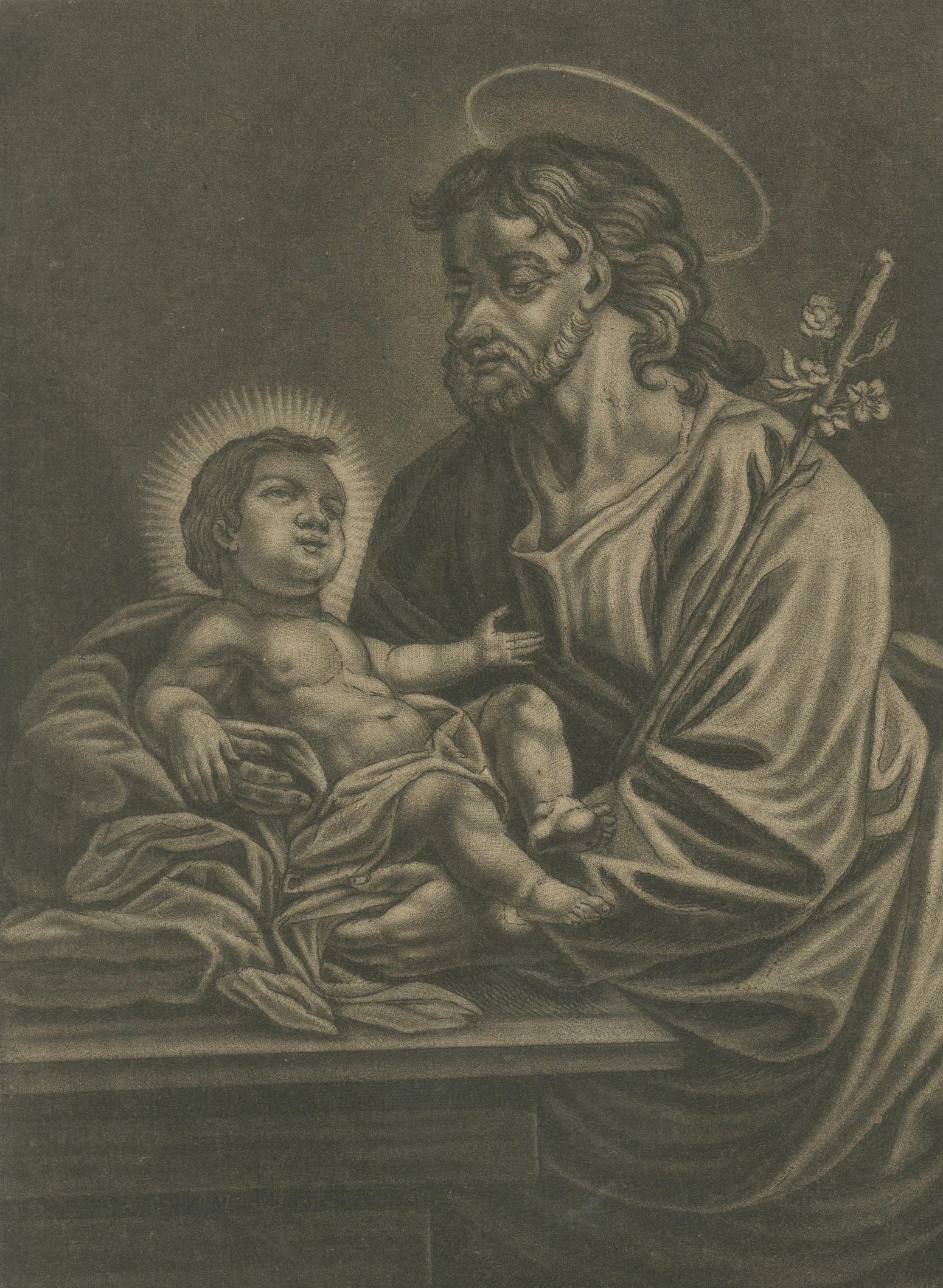 St. Joseph with the Christ Child, Antique Mezzotint – J.E.Haid Augsburg, ca.1799