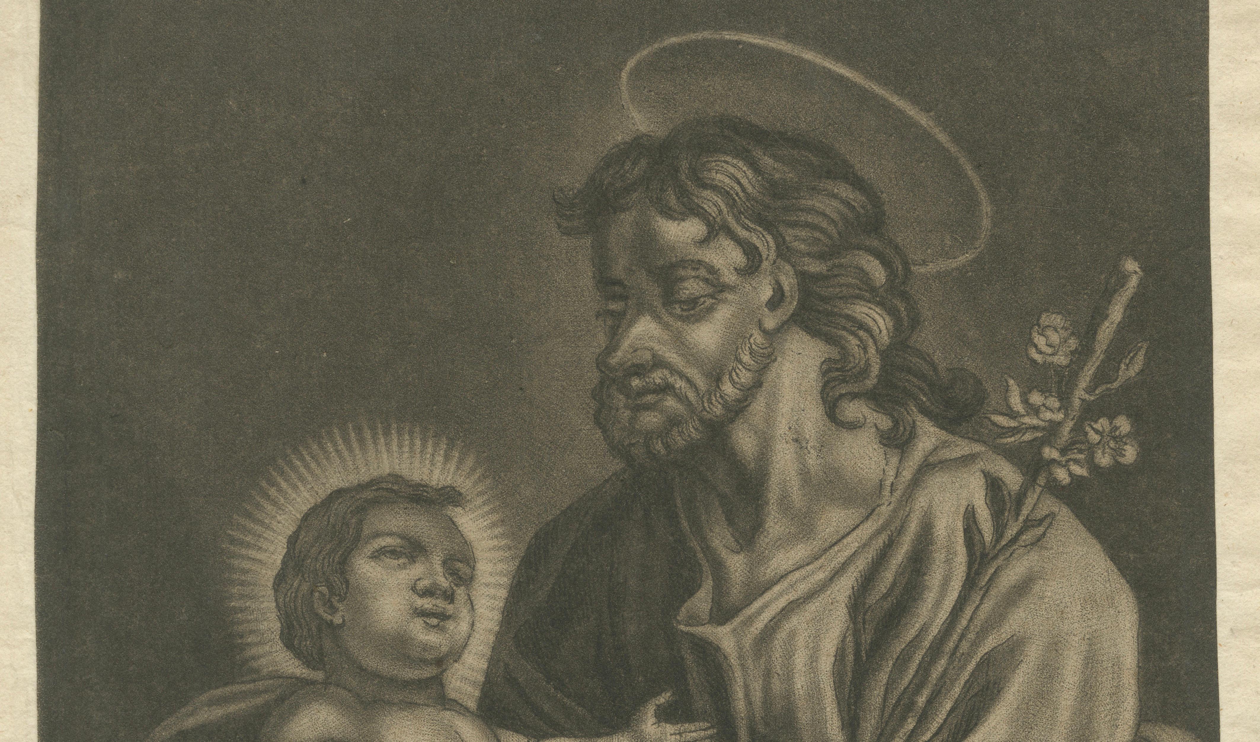 St. Joseph with the Christ Child, Antique Mezzotint – J.E.Haid Augsburg, ca.1799