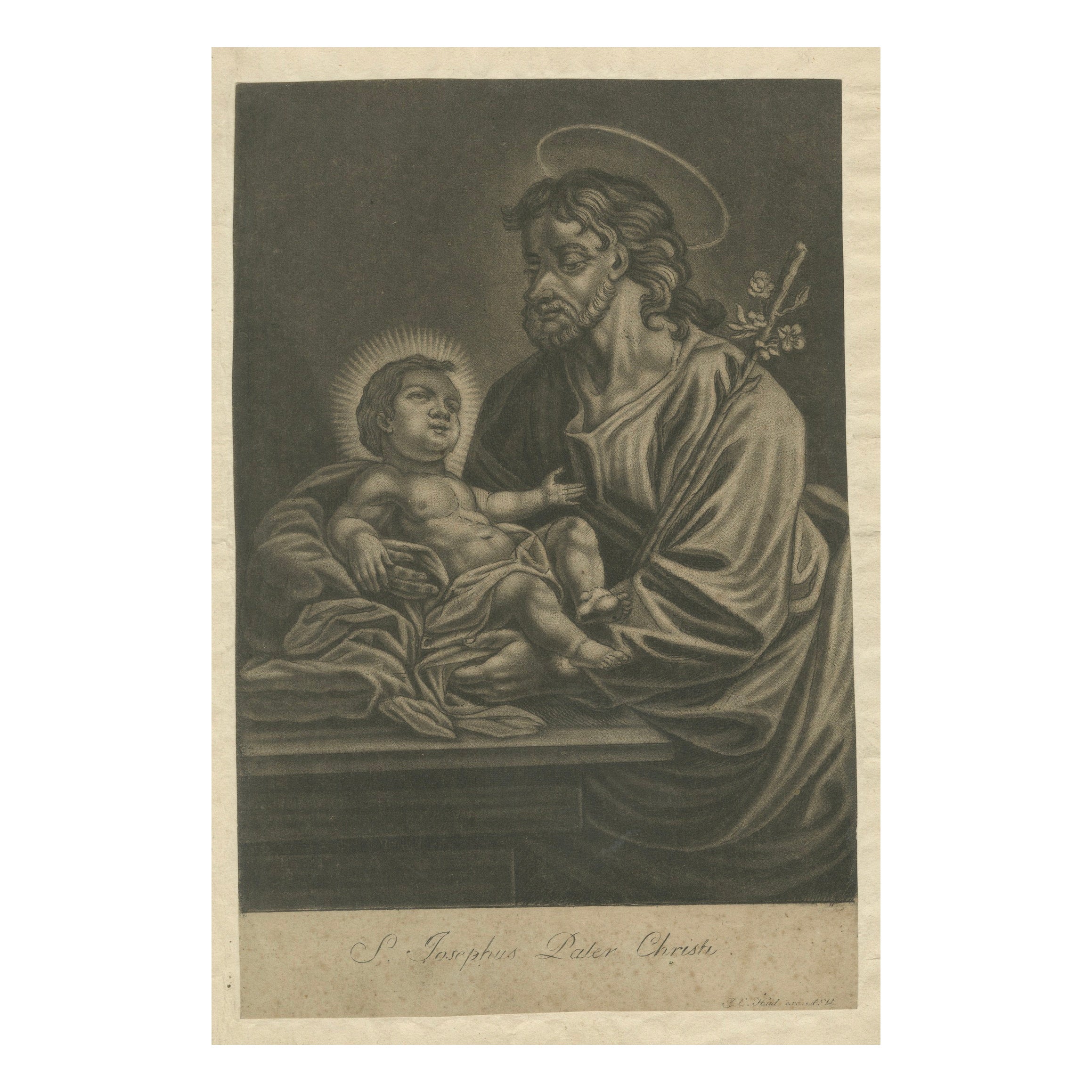 St. Joseph with the Christ Child, Antique Mezzotint – J.E.Haid Augsburg, ca.1799 For Sale