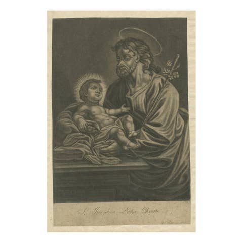 St. Joseph with the Christ Child, Antique Mezzotint – J.E.Haid Augsburg, ca.1799